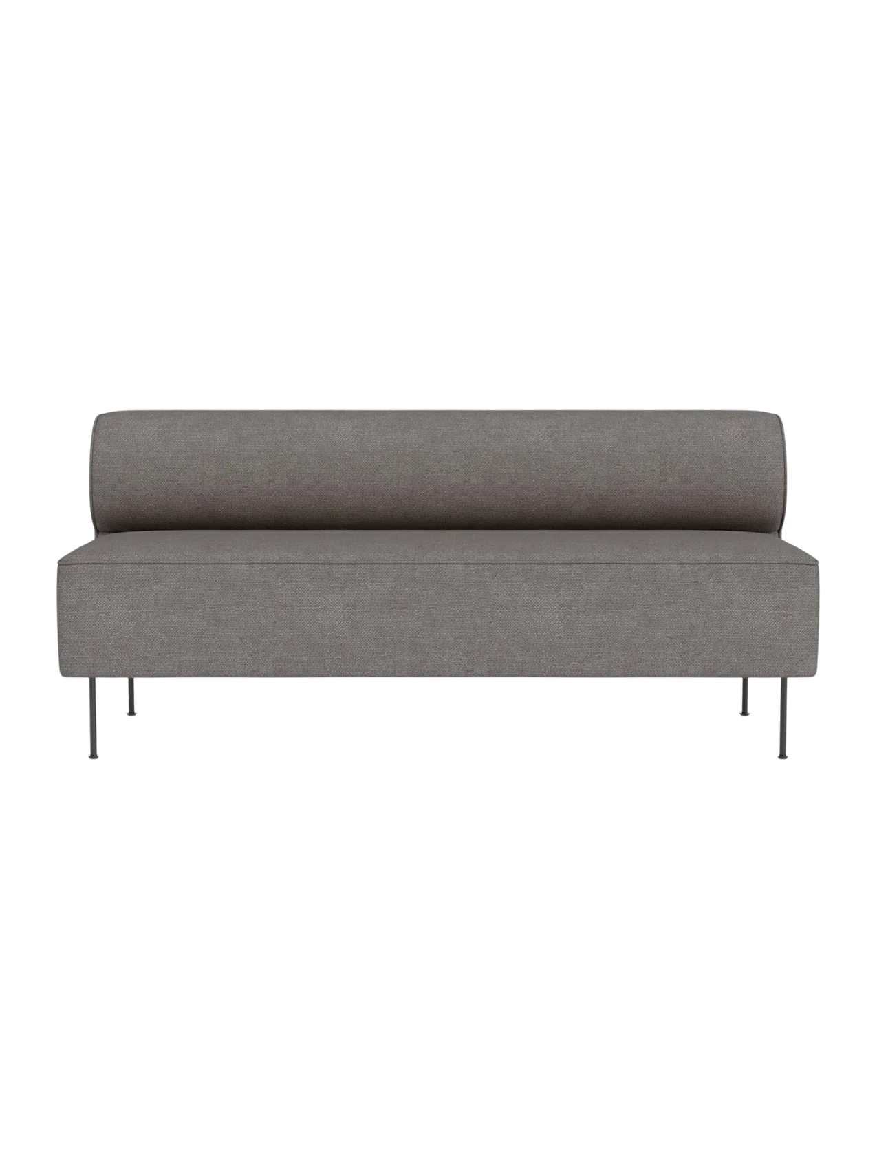 Front view of the minimalist Eave Dining Sofa in Audo Bouclé 16, with a rounded backrest and slender metal legs.