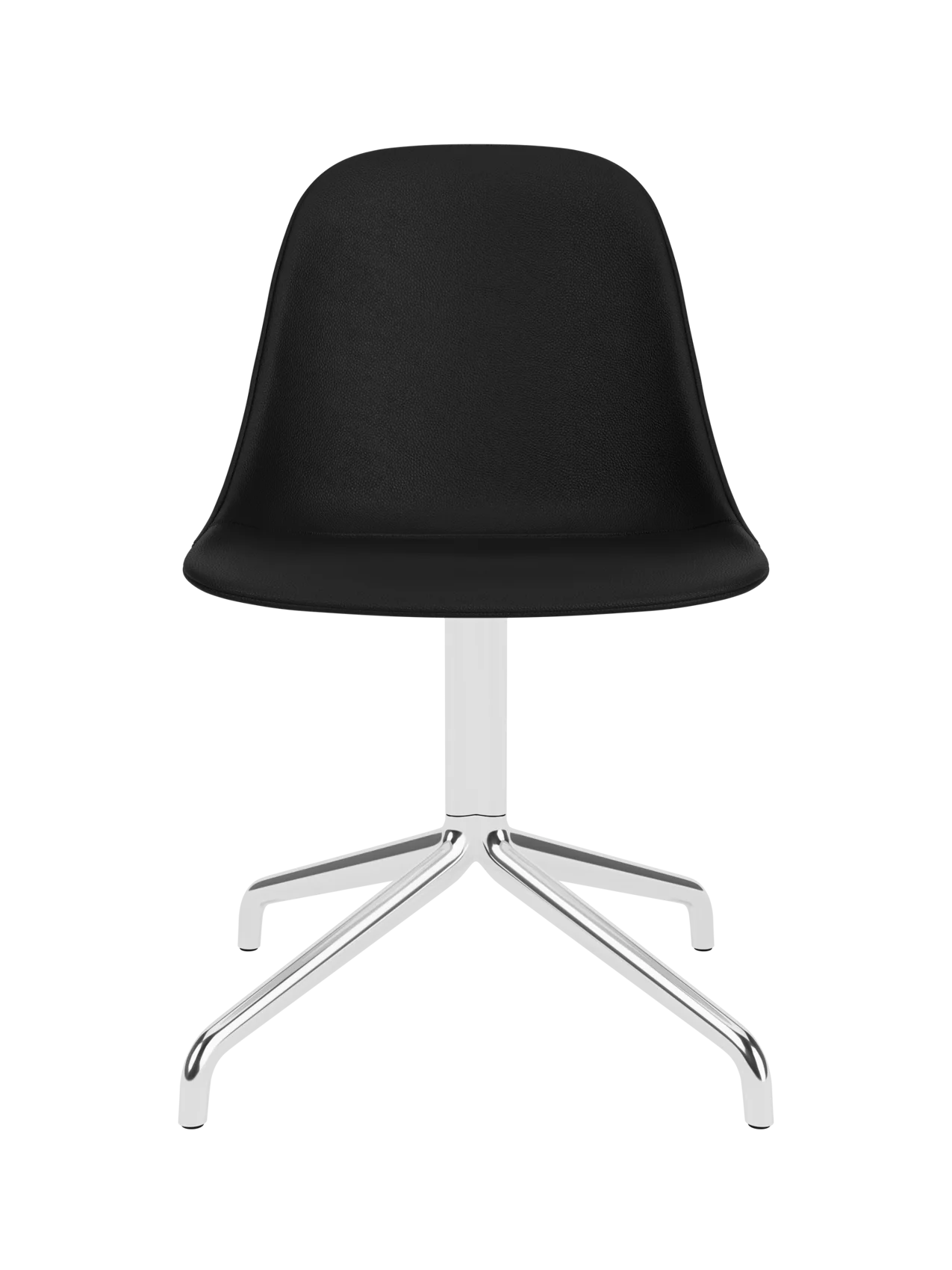 Black leather Harbour Side Dining Chair with a polished aluminium star base, front view on a white background.