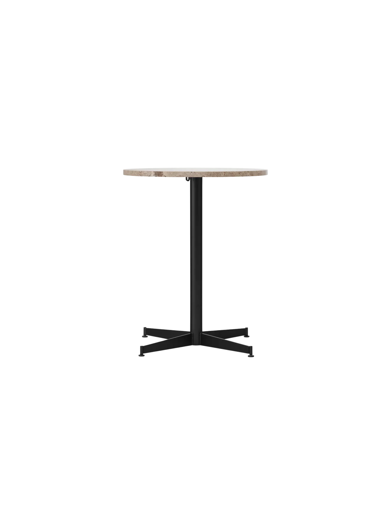 Front view of the Nook Dining Table with a round Kunis Breccia stone top and a slim black powder-coated steel four-star base.