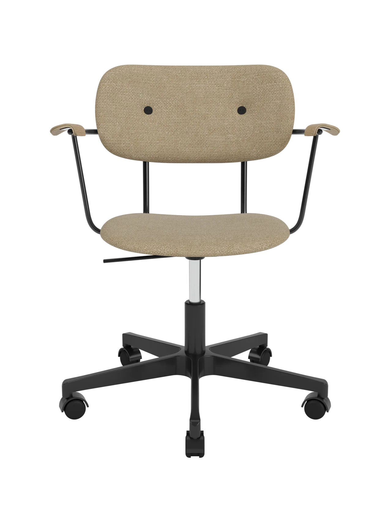 Co Task Chair fully upholstered in beige bouclé with natural oak armrests on a black swivel base with castors.