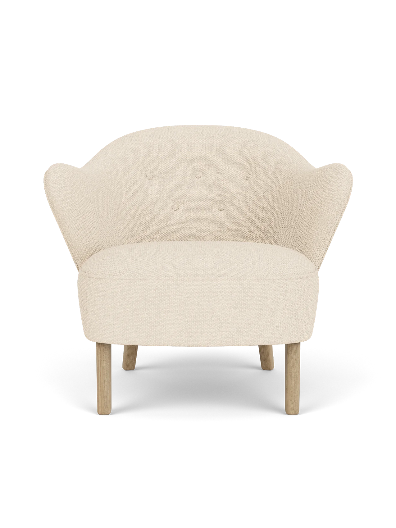 Ingeborg Lounge Chair in Logan Jasmine textile with natural oak legs and a curved, button-tufted backrest.
