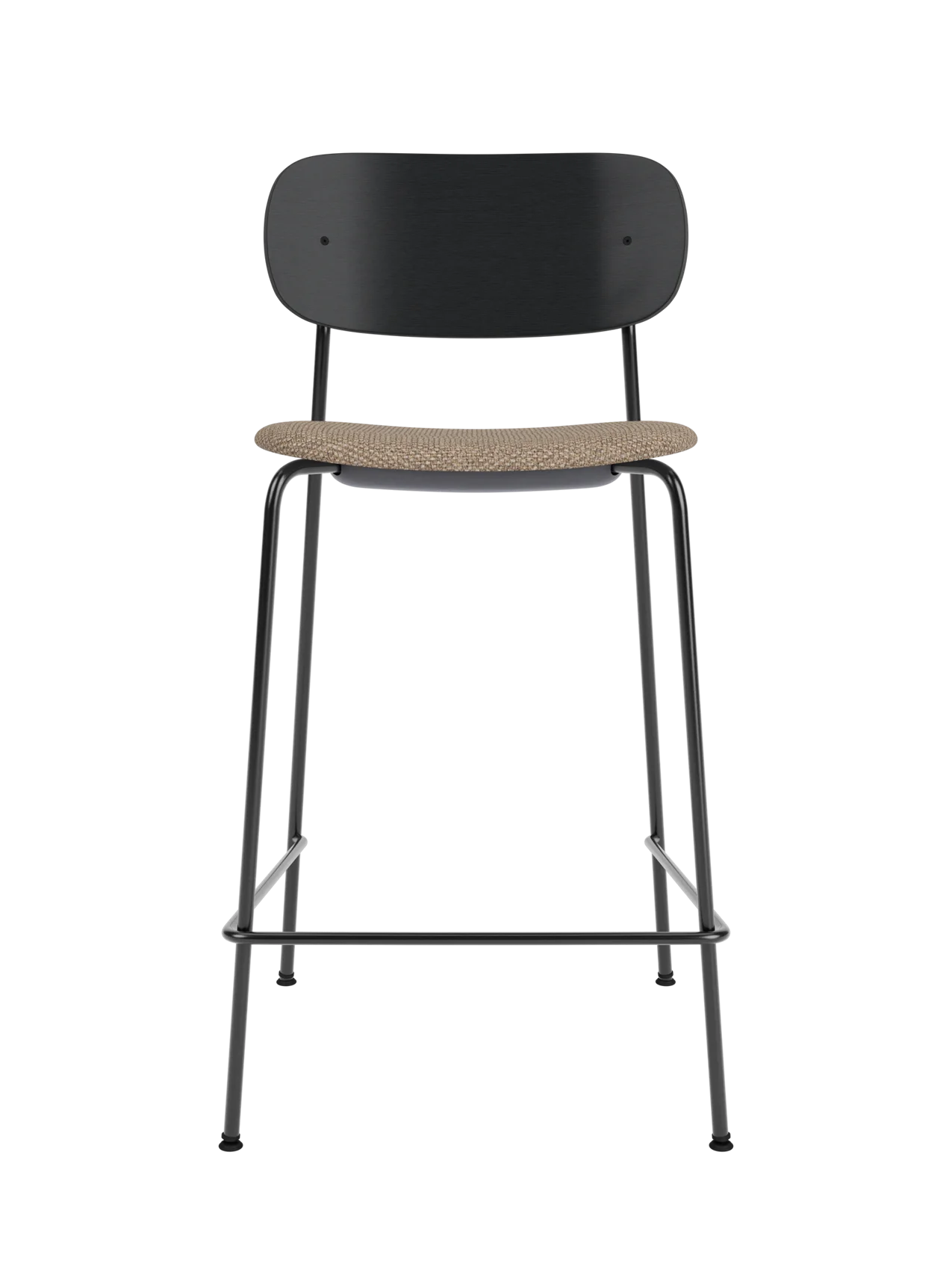 Co Counter Chair with a black painted oak back and Logan Flint upholstered seat on a slender black steel frame.