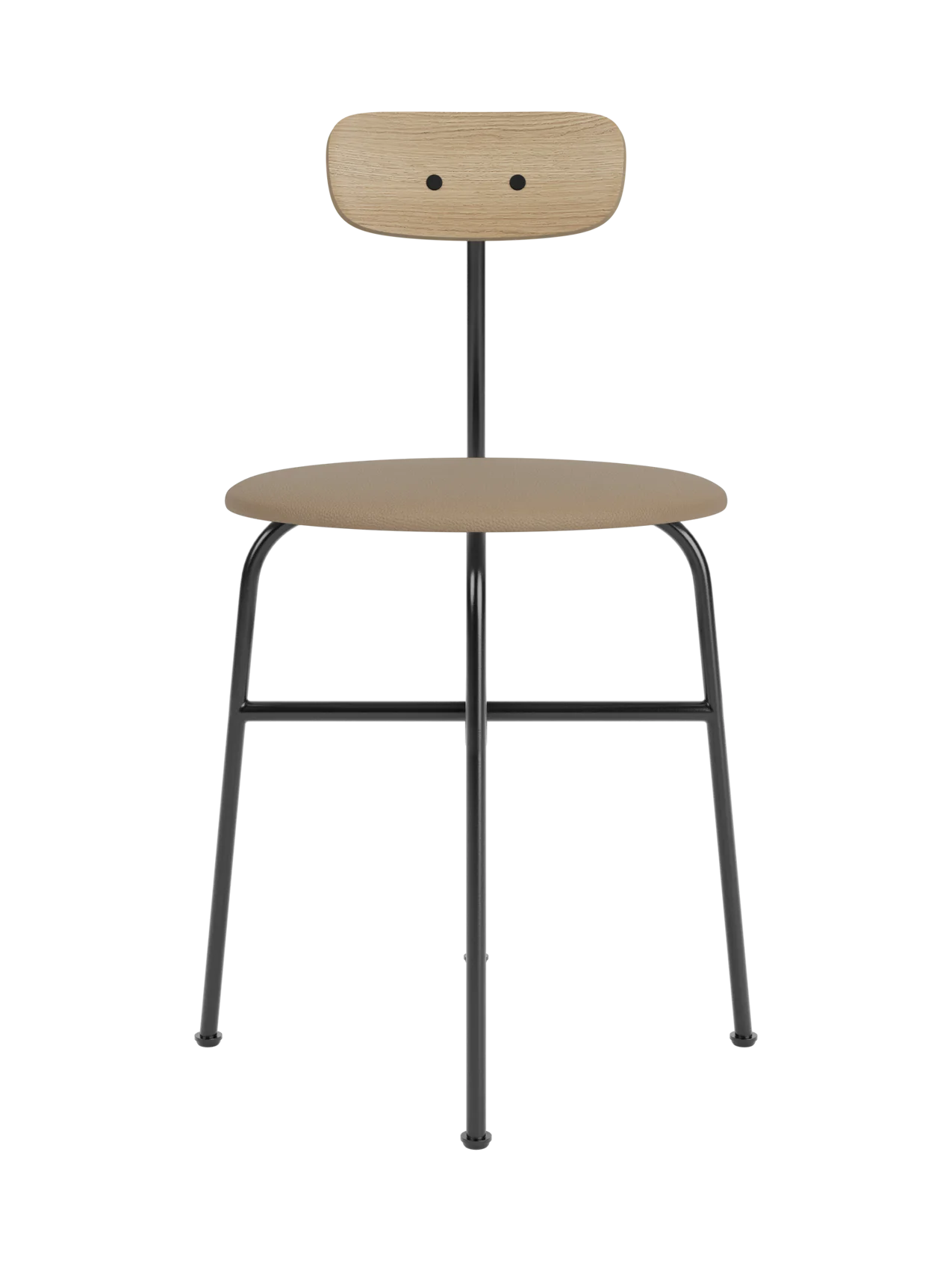 Front view of the Afteroom Dining Chair, Seat Upholstered, with black steel frame, light oak backrest, and tan seat.