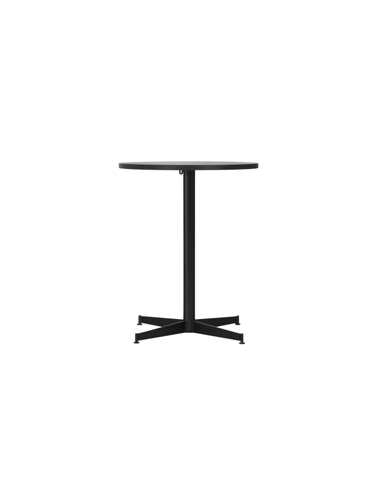 Front view of the Nook Dining Table with a round black oak top and a slender black powder-coated steel four-star base.