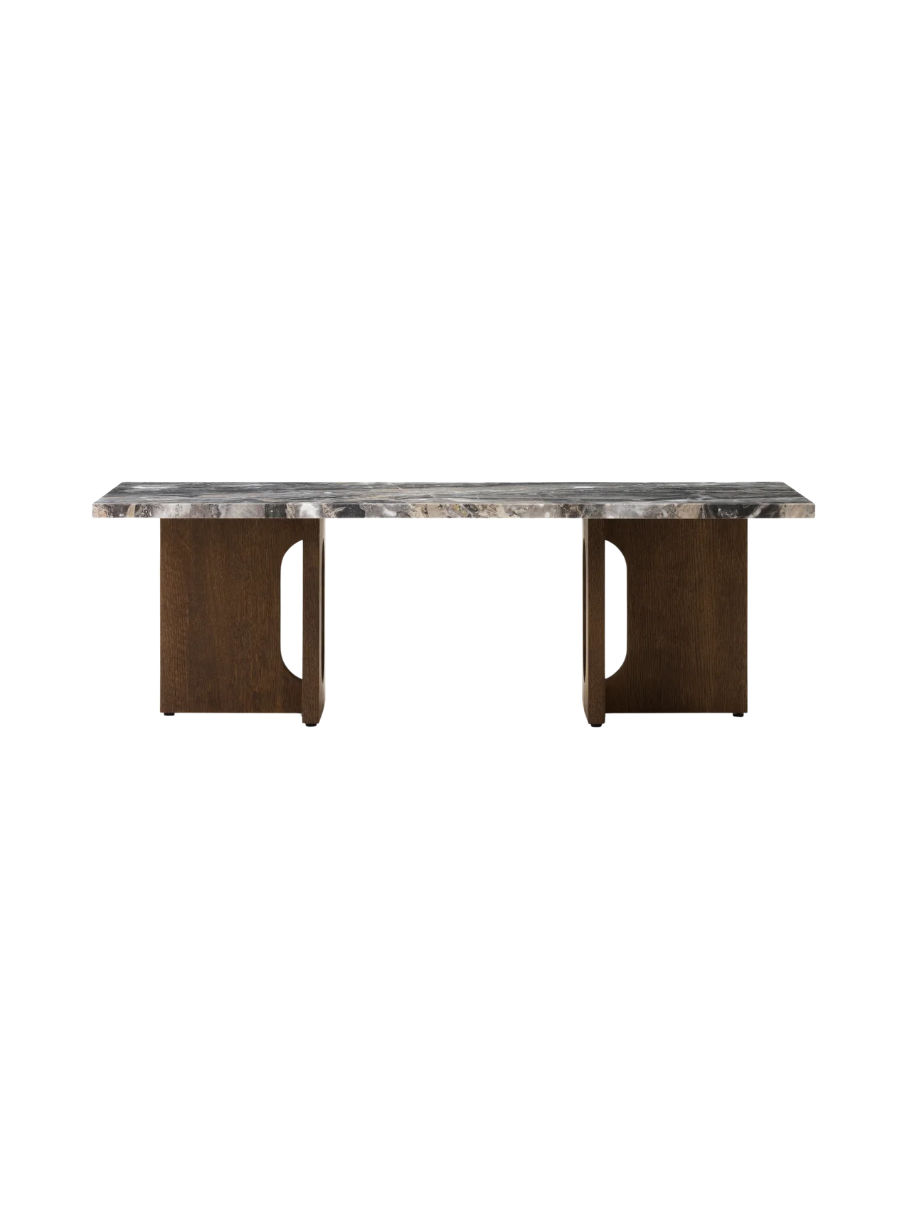 A front view of the Androgyne Lounge Table, featuring a Grey Galaxy marble top on a dark stained oak base with cutouts.