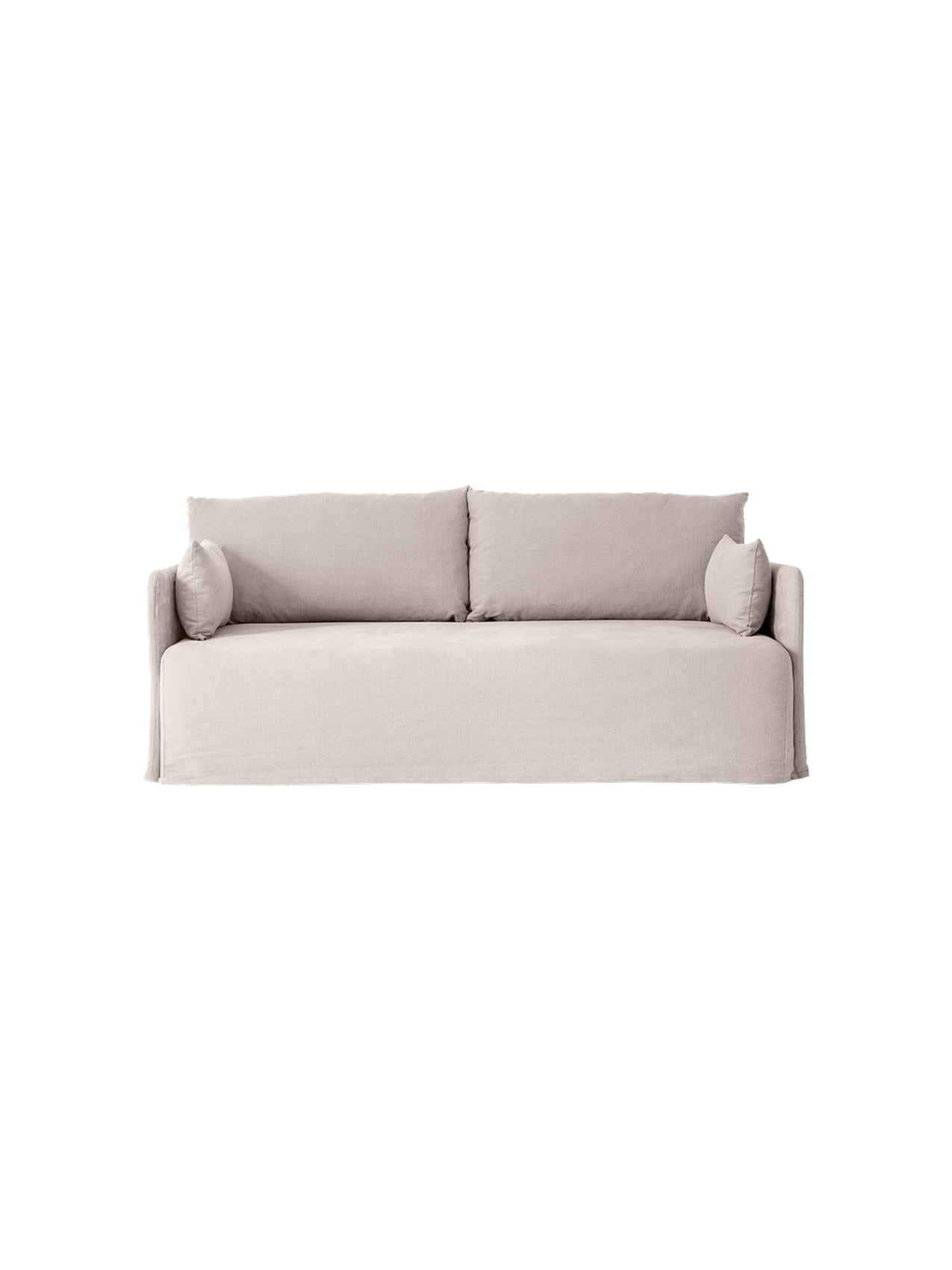 Front view of the light grey Offset Sofa w/ Loose Cover. It has two large back cushions and two small side cushions.