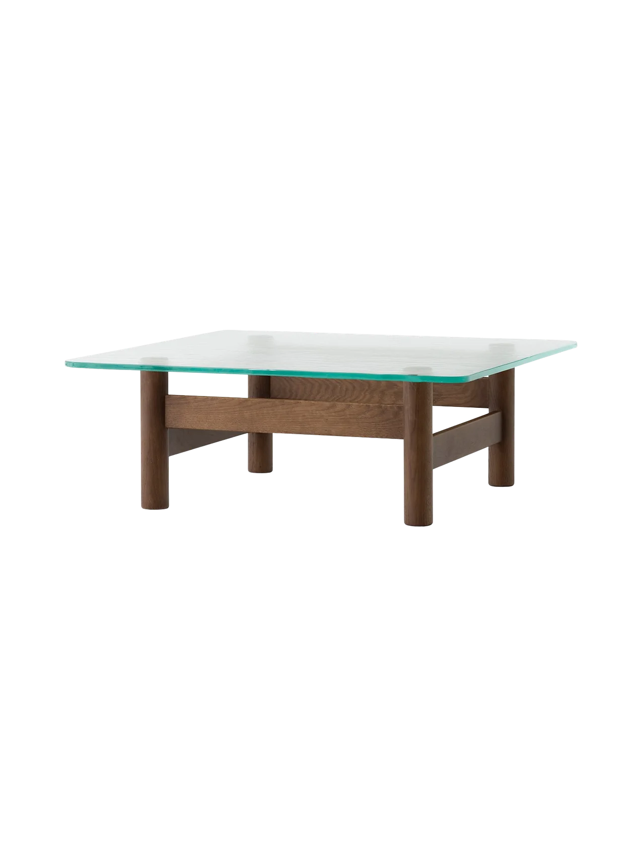 Side view of the Brasilia Lounge Table, featuring a square glass top with rounded corners resting on a dark wood base.