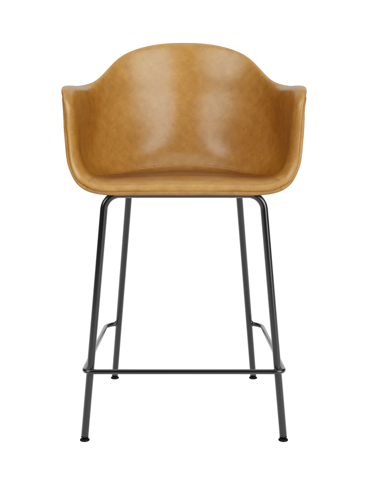Harbour Counter Chair with a tan Dakar upholstered seat and slender black steel frame, viewed from the front.