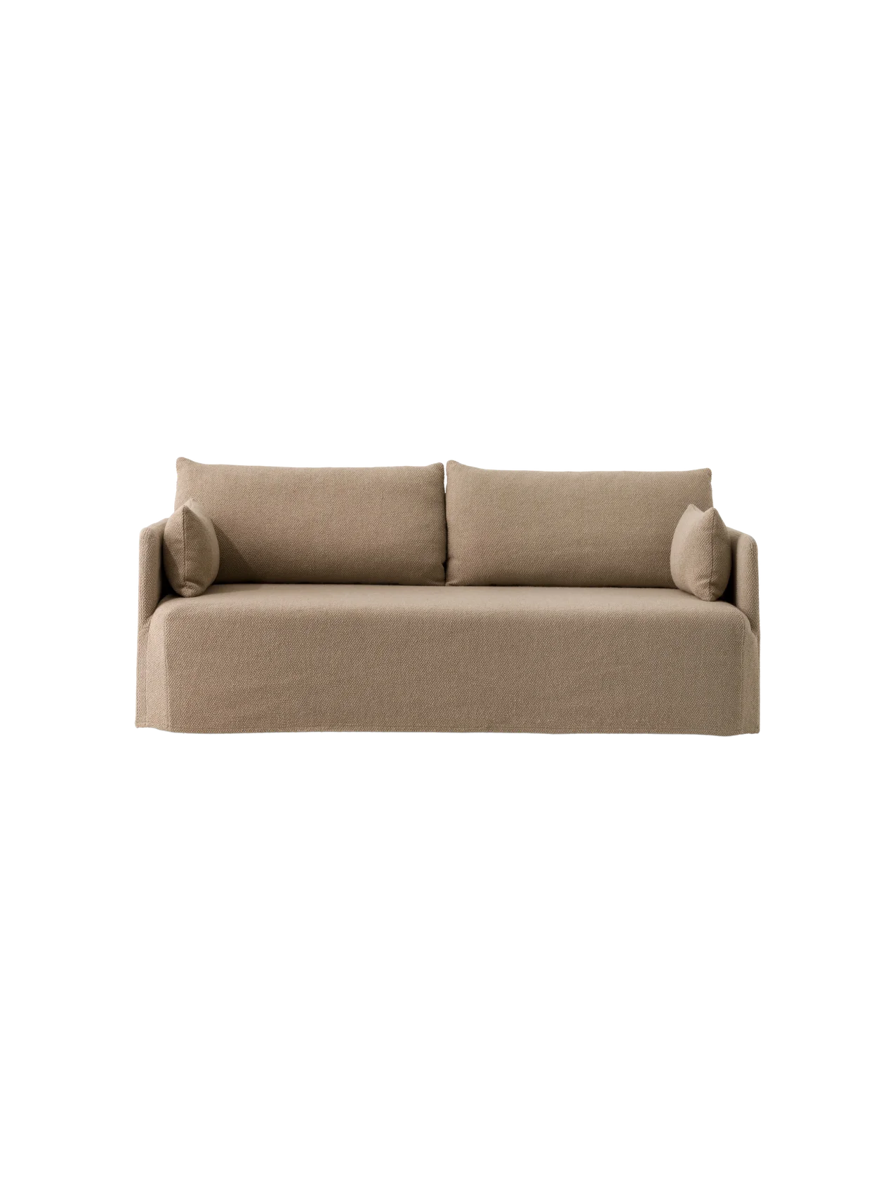 Front view of the Offset Sofa with Loose Cover, 2-seater in a textured, light grey Logan Flint fabric on a black background.
