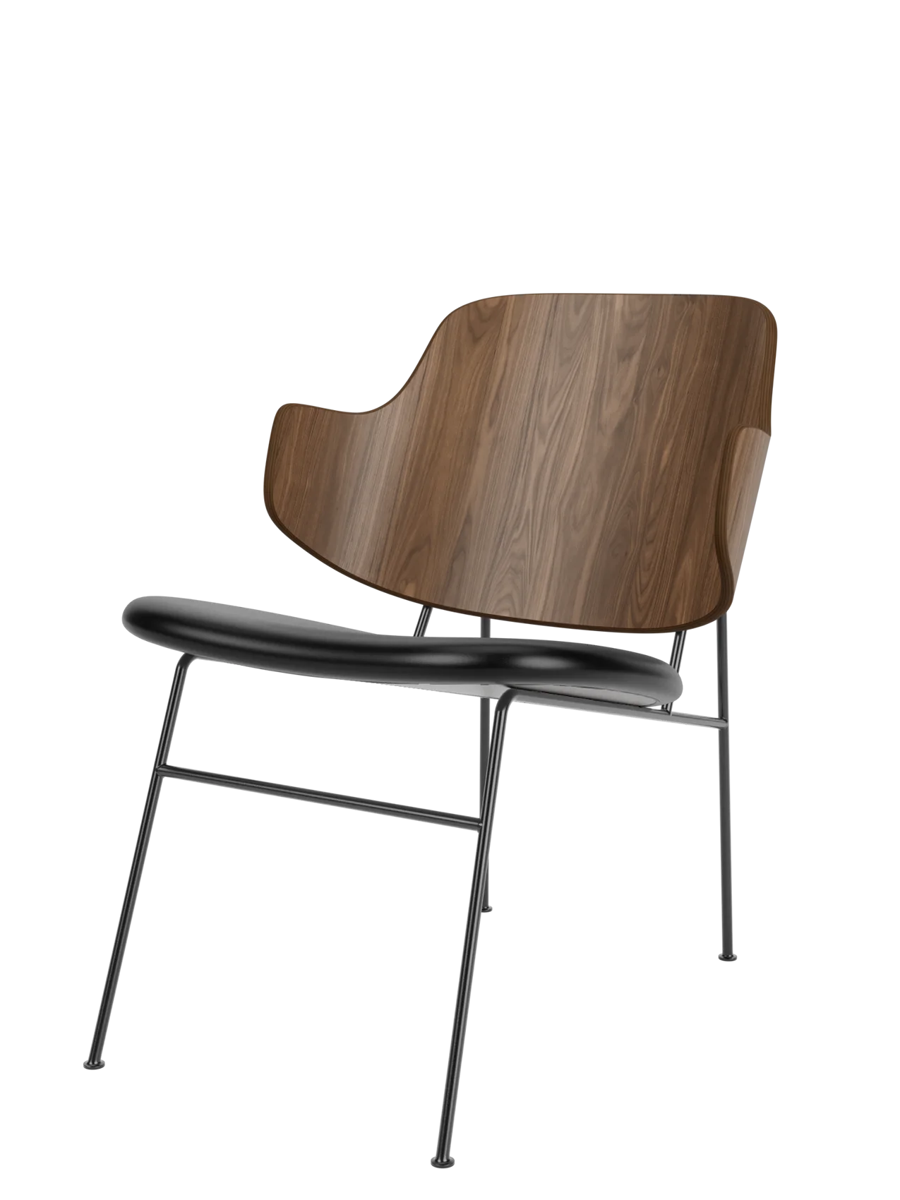 The Penguin Lounge Chair with a curved walnut veneer backrest and a black leather seat on a black powder-coated steel frame.
