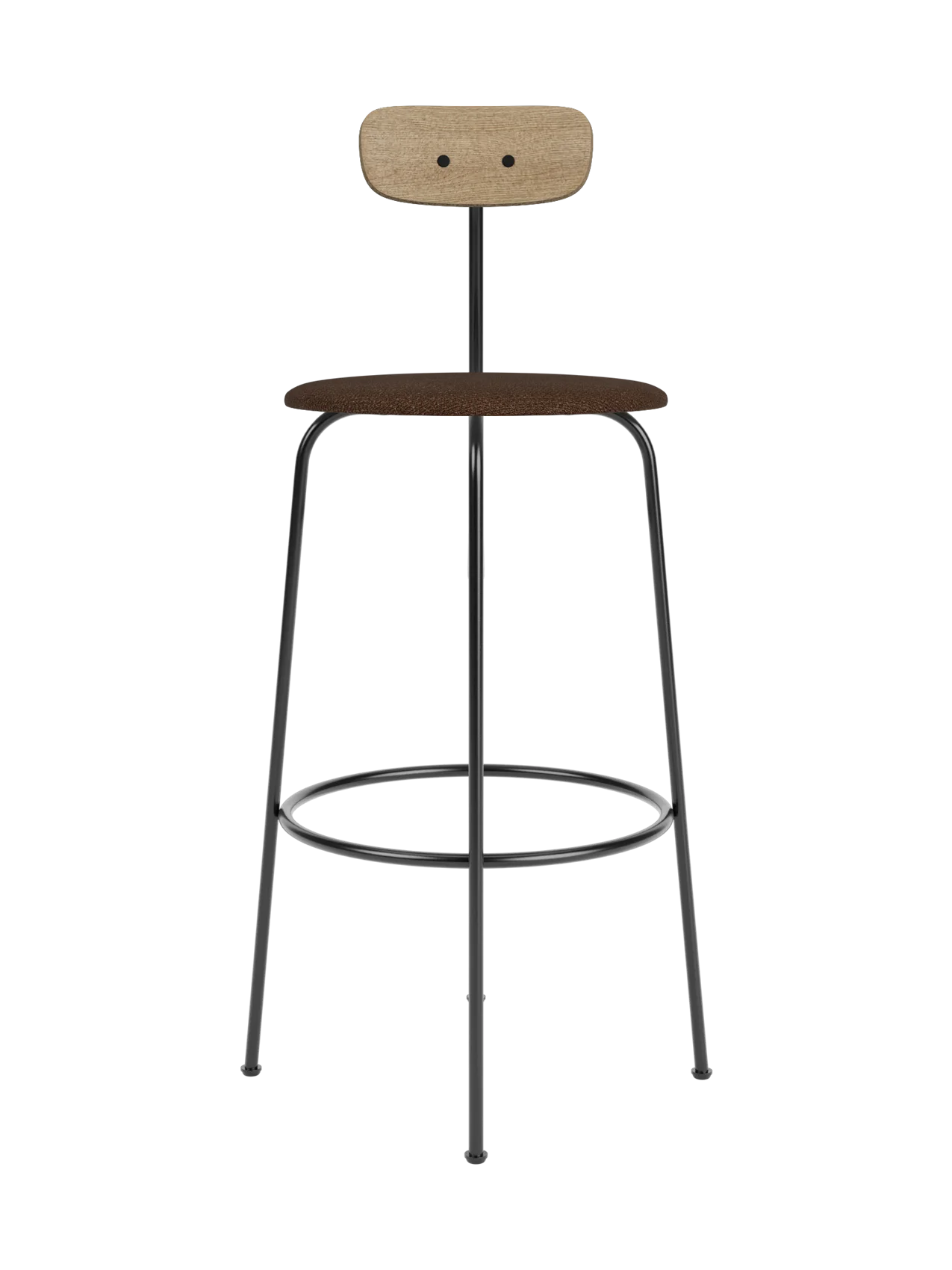 Minimalist Afteroom Bar Chair featuring a natural oak backrest and brown bouclé seat on a black steel frame.