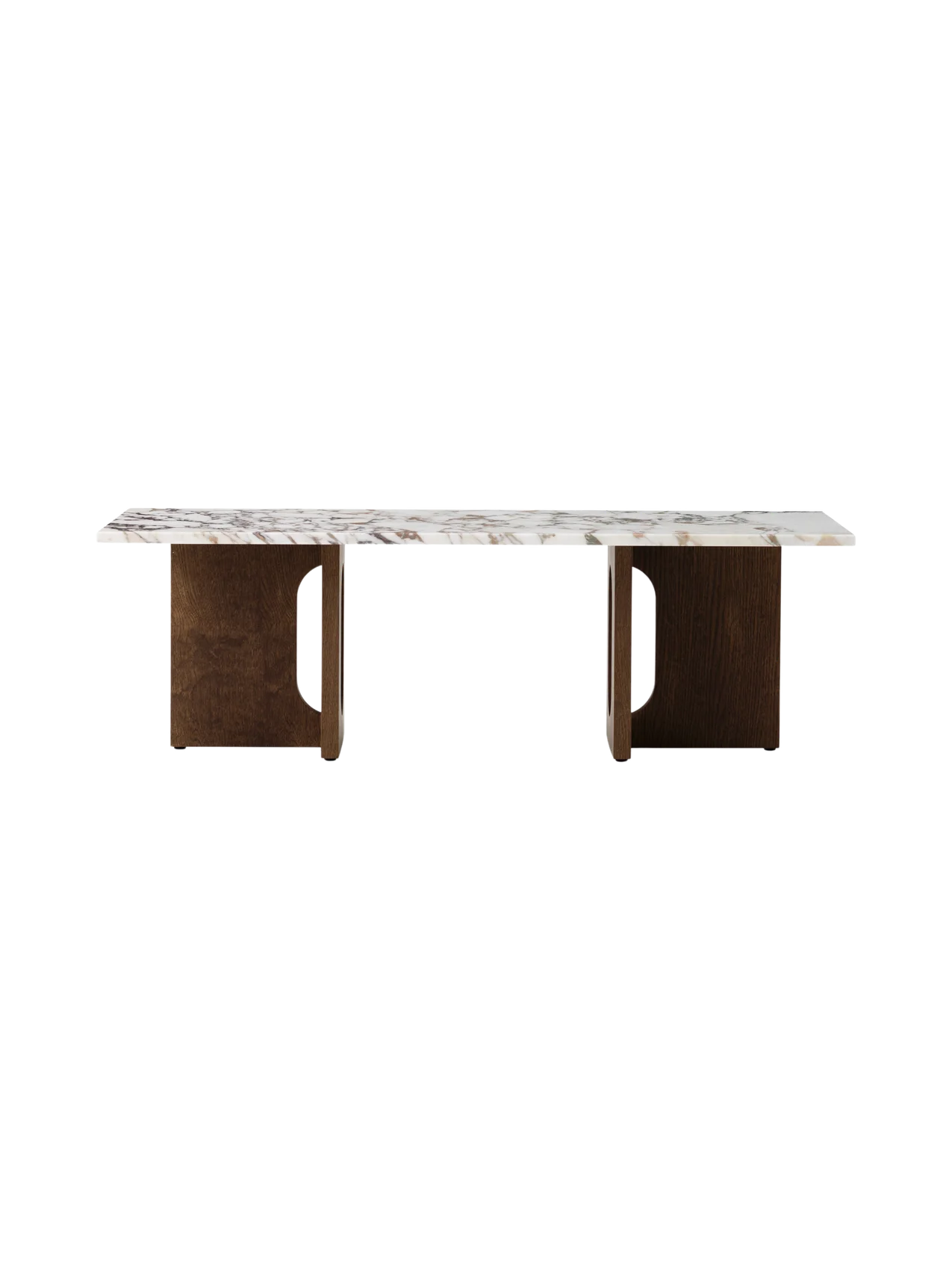 Front view of the Androgyne Lounge Table with a Calacatta Viola marble top and a dark stained oak base with cutouts.