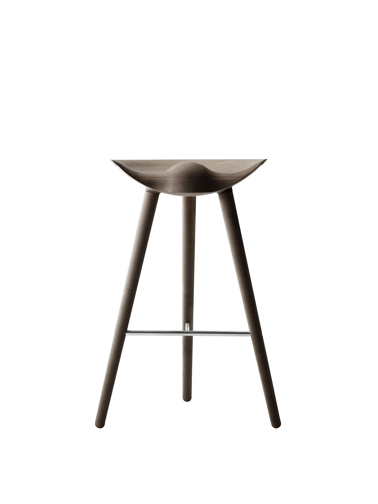 Front view of the ML 42 Bar Stool with a sculptural seat, three dark smoked oak legs, and a steel footrest.