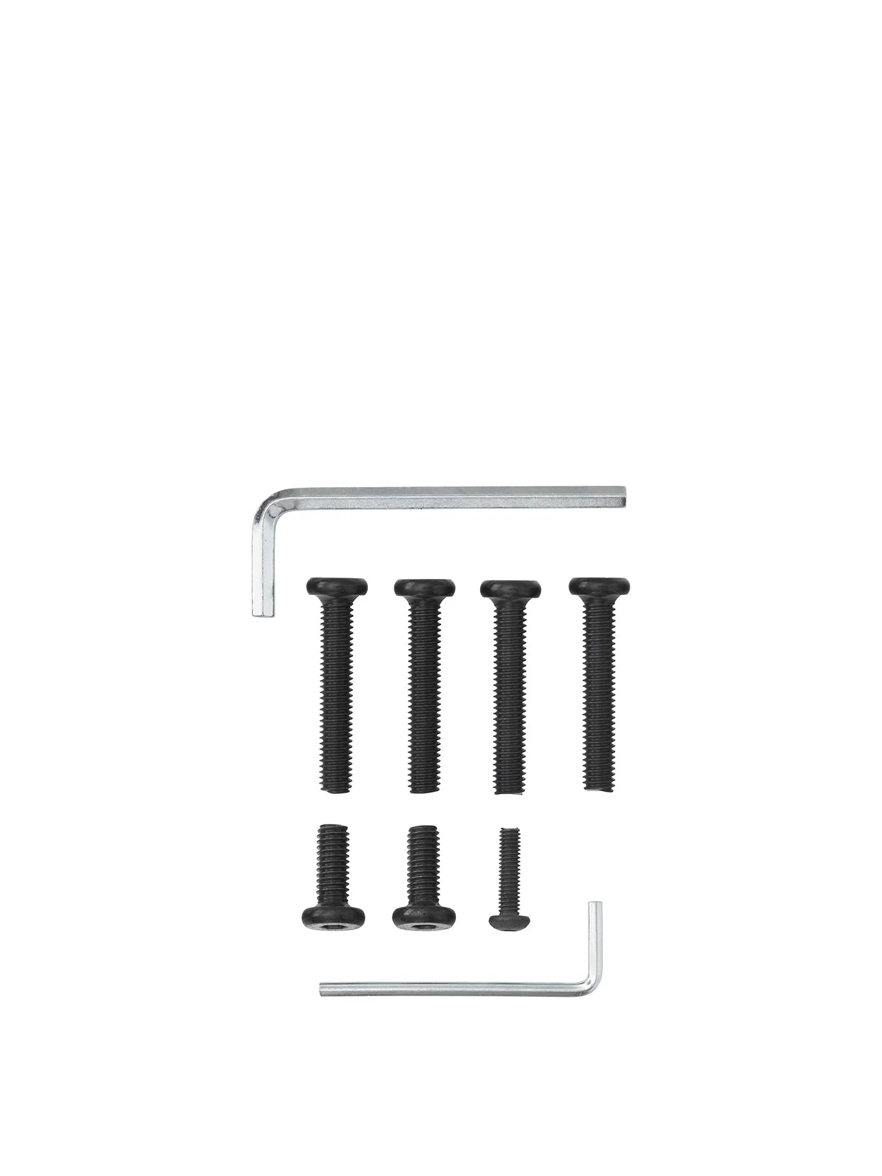 Assembly hardware kit on a white background. Includes seven black screws in three sizes and two different-sized Allen keys.