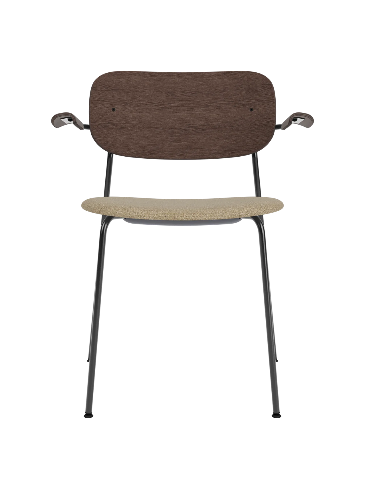 Co Dining Chair with armrests, dark stained oak back, beige bouclé upholstered seat and black powder-coated frame.