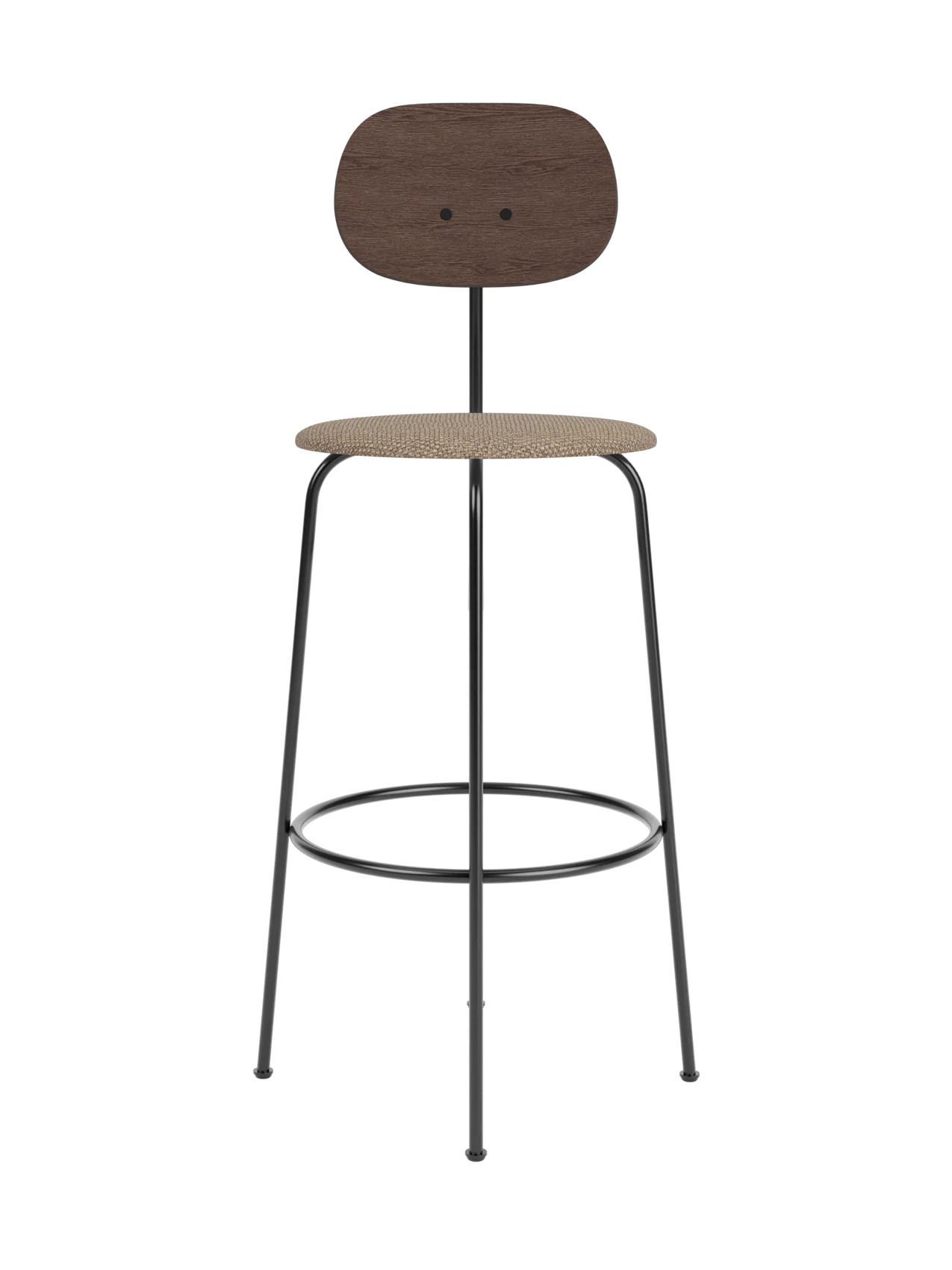 Afteroom Bar Chair Plus with dark stained oak backrest and Logan Flint upholstered seat on a black metal frame.