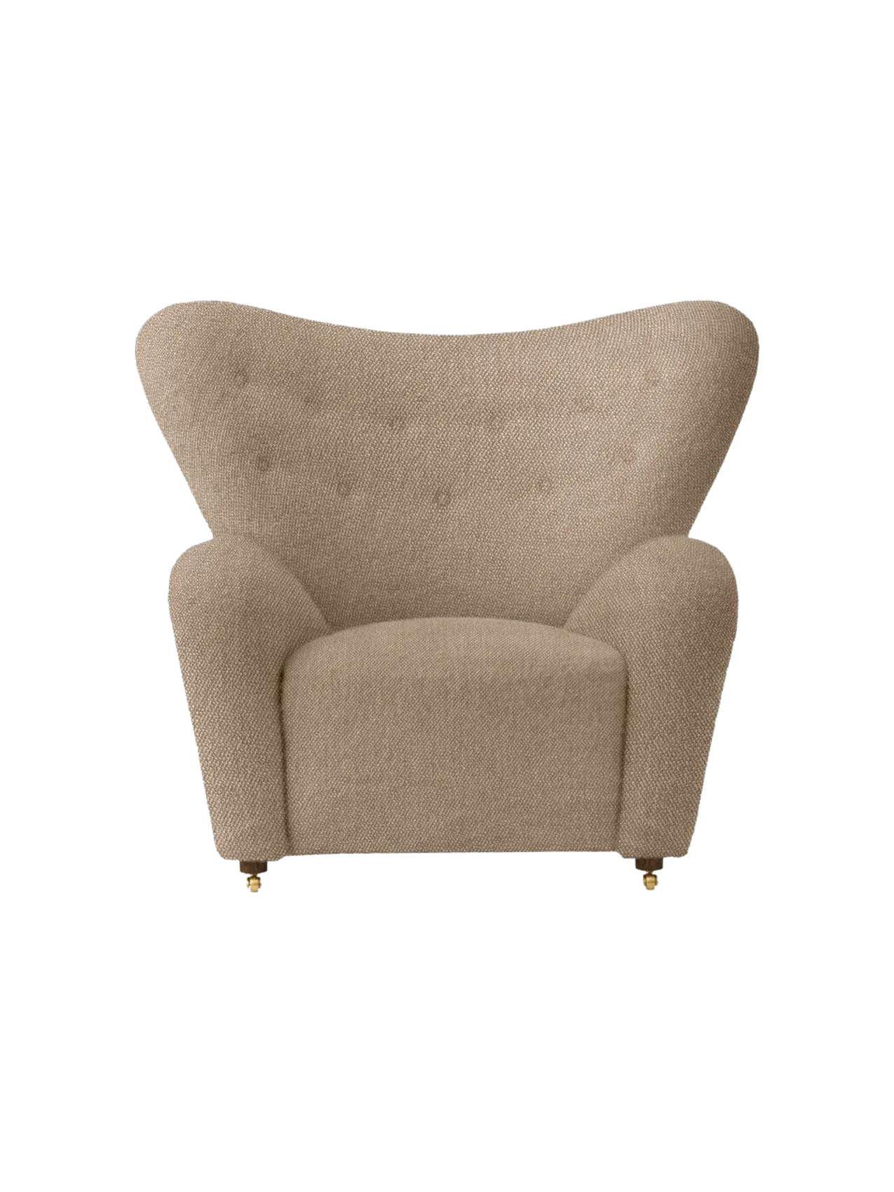 Front view of The Tired Man Lounge Chair upholstered in a textured beige textile, with a high curved back and brass castors.