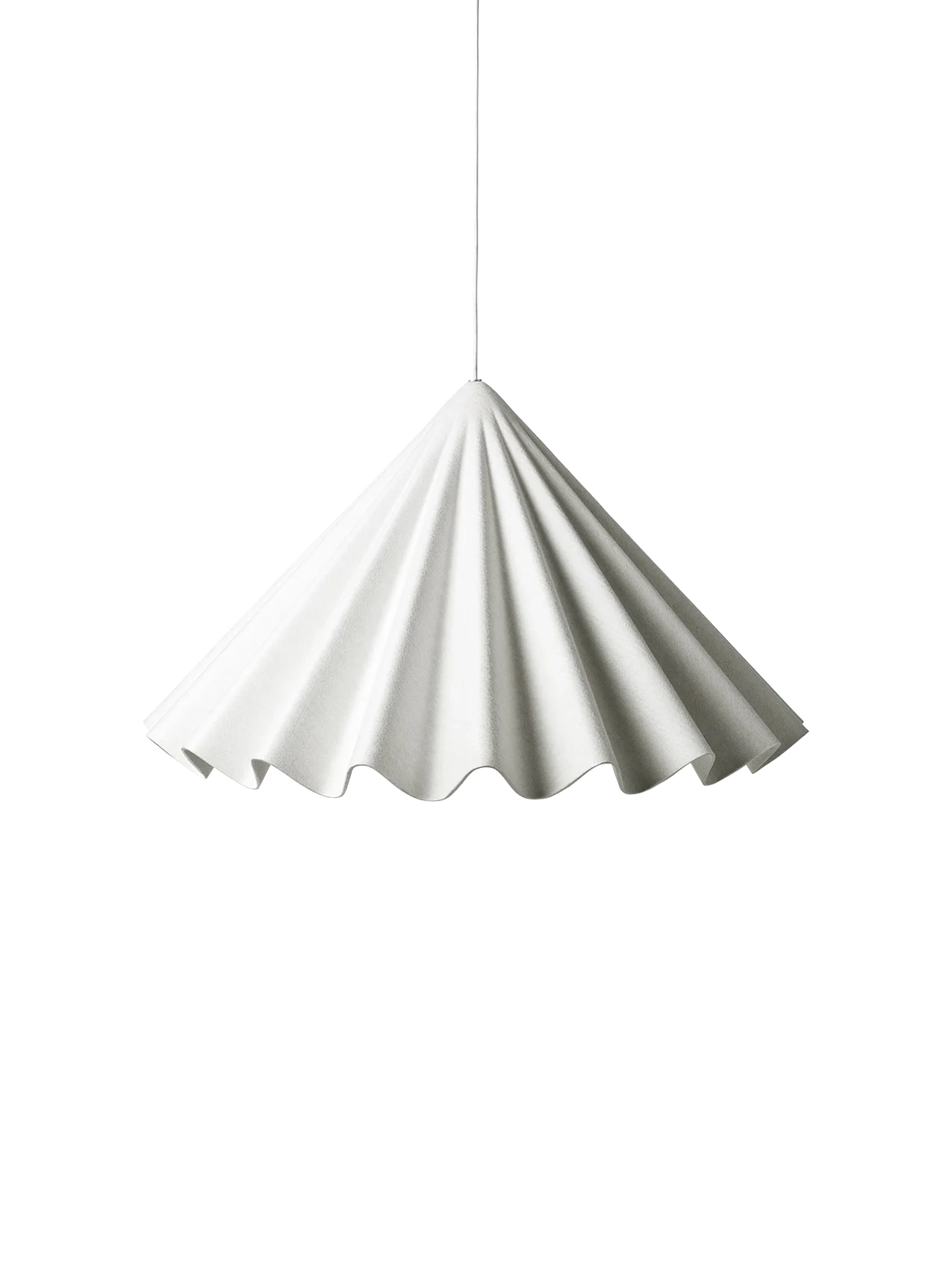A white Dancing Pendant Lamp hangs against a black background. The shade is pleated felt and has a wavy edge like a skirt.