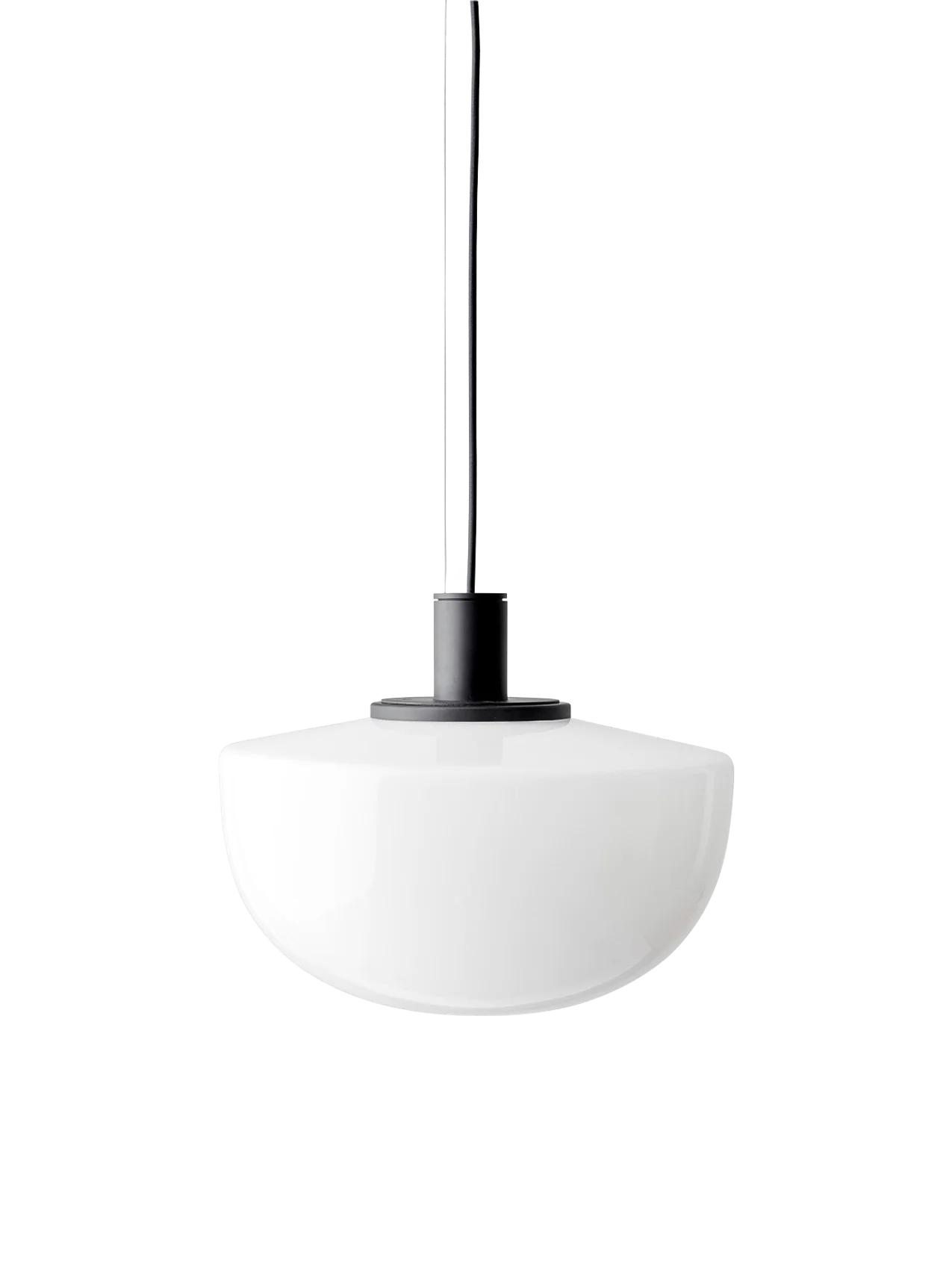 The Bank Pendant with a white, semicircular opal glass shade and black fittings, hanging against a solid black background.