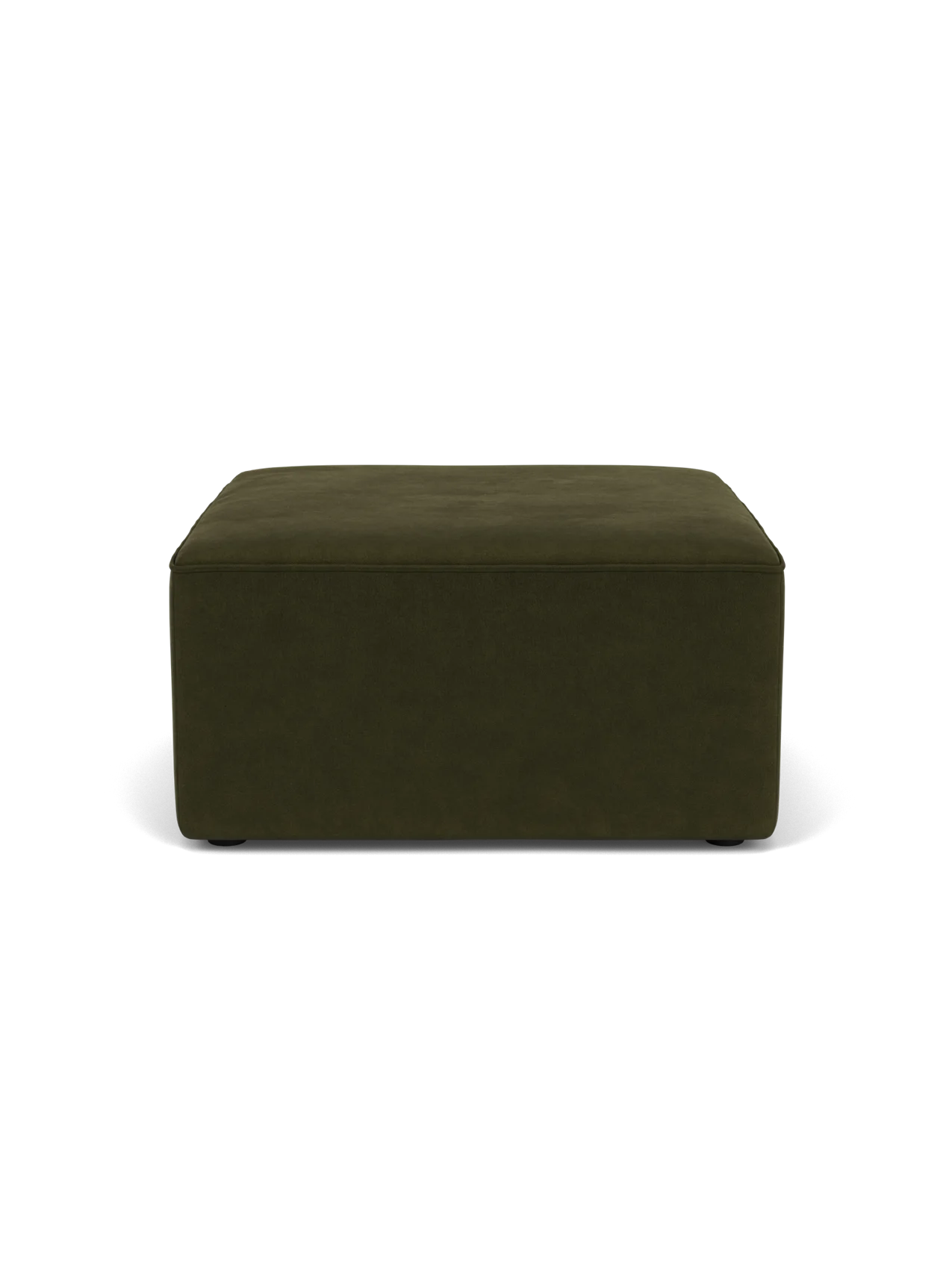 A front view of the Eave Modular Pouf, 75. The square pouf is upholstered in dark olive green fabric on a black background.