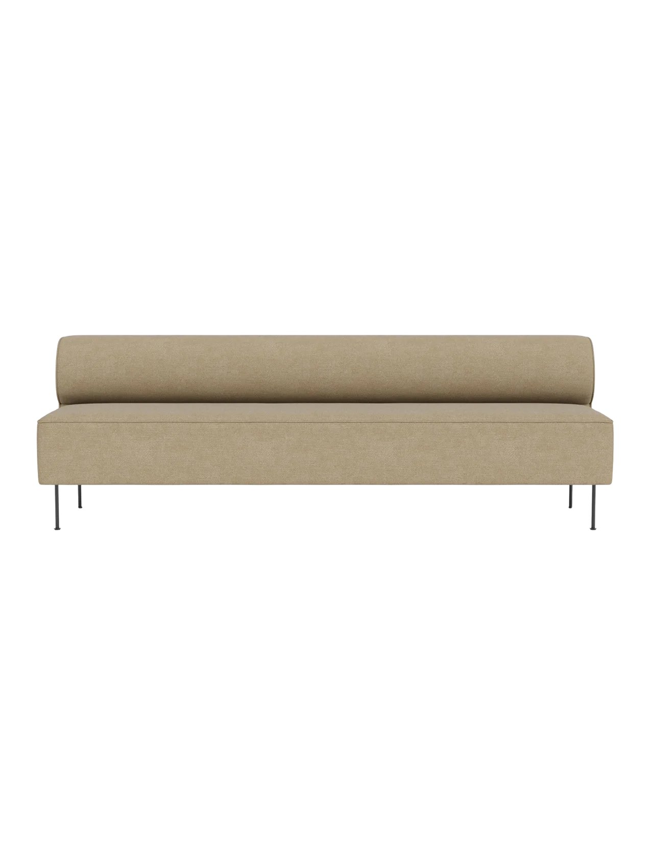 A front view of the Eave Dining Sofa in a light beige Audo Bouclé 02 fabric, featuring a low backrest and slender metal legs.