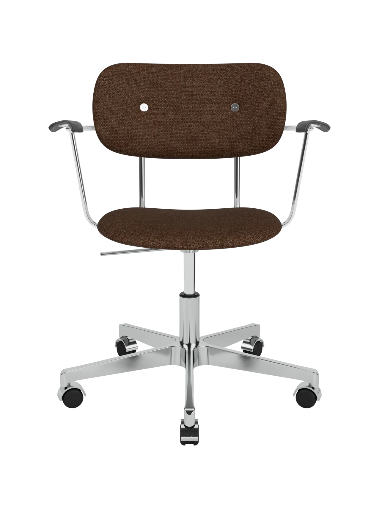 Co Task Chair featuring brown bouclé upholstery, black oak armrests and a polished chrome aluminium base with casters.
