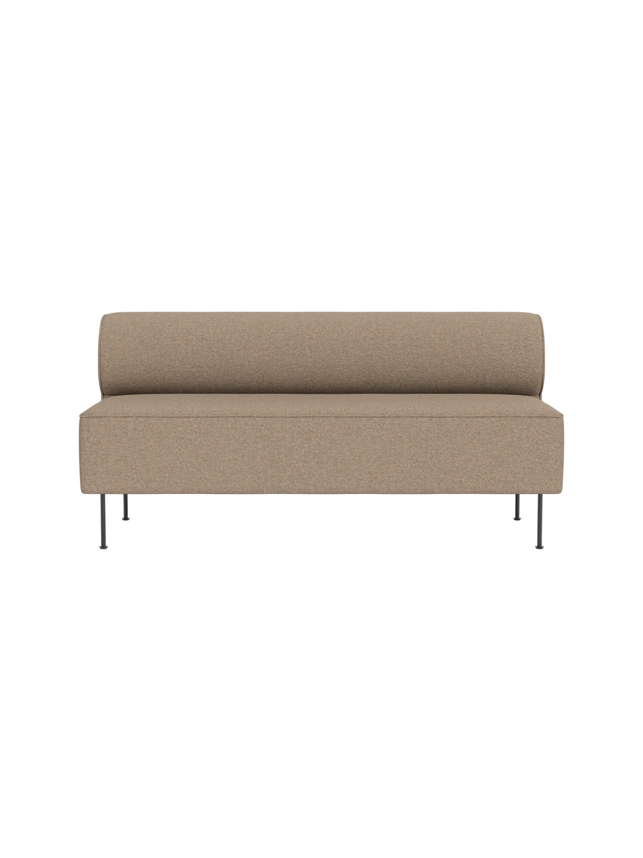 Front view of the minimalist Eave Dining Sofa upholstered in light brown Logan Flint fabric, with slender metal legs.