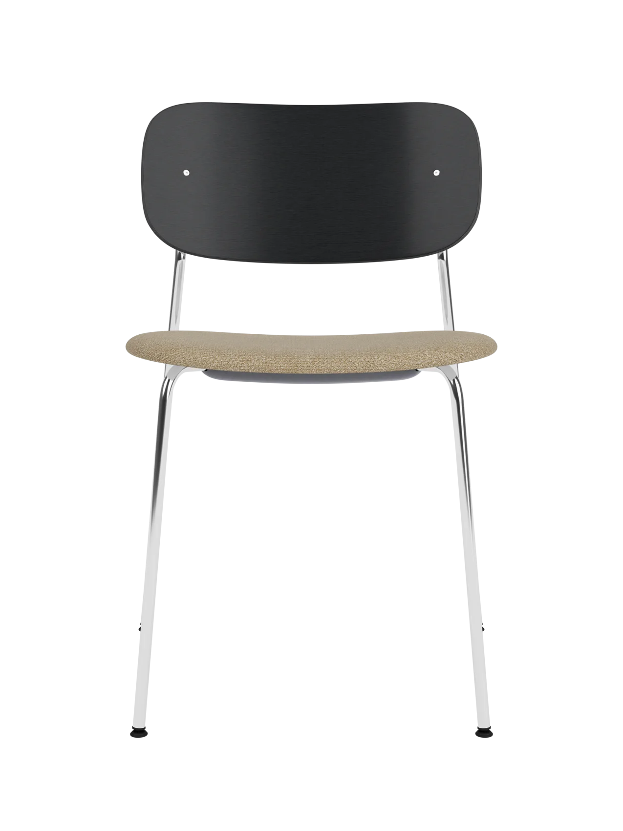 Co Dining Chair with a black oak veneer back, beige bouclé upholstered seat and a sleek chrome steel frame.