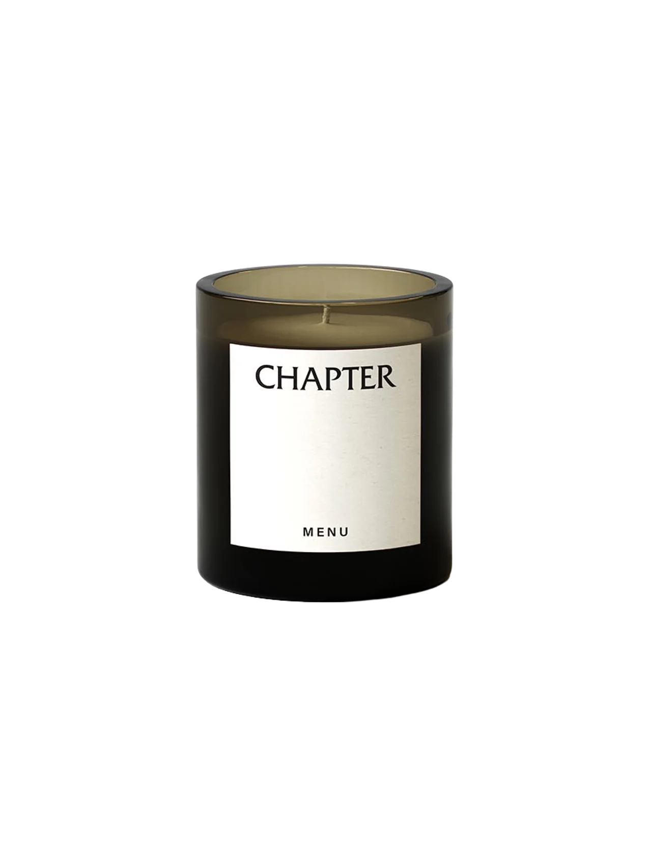 Olfacte Scented Candle, Chapter, in a dark glass jar. The candle has a white label with 'CHAPTER' and 'MENU' in black.