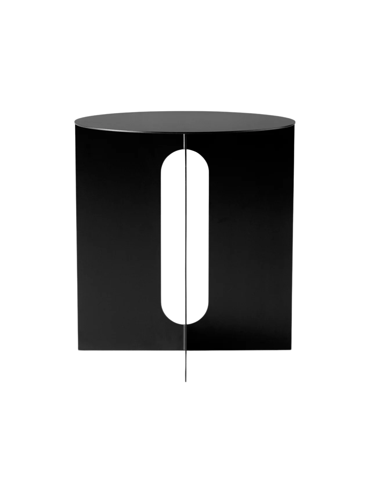 The Androgyne Side Table's black steel base. It features two intersecting flat panels with large oblong cutouts.