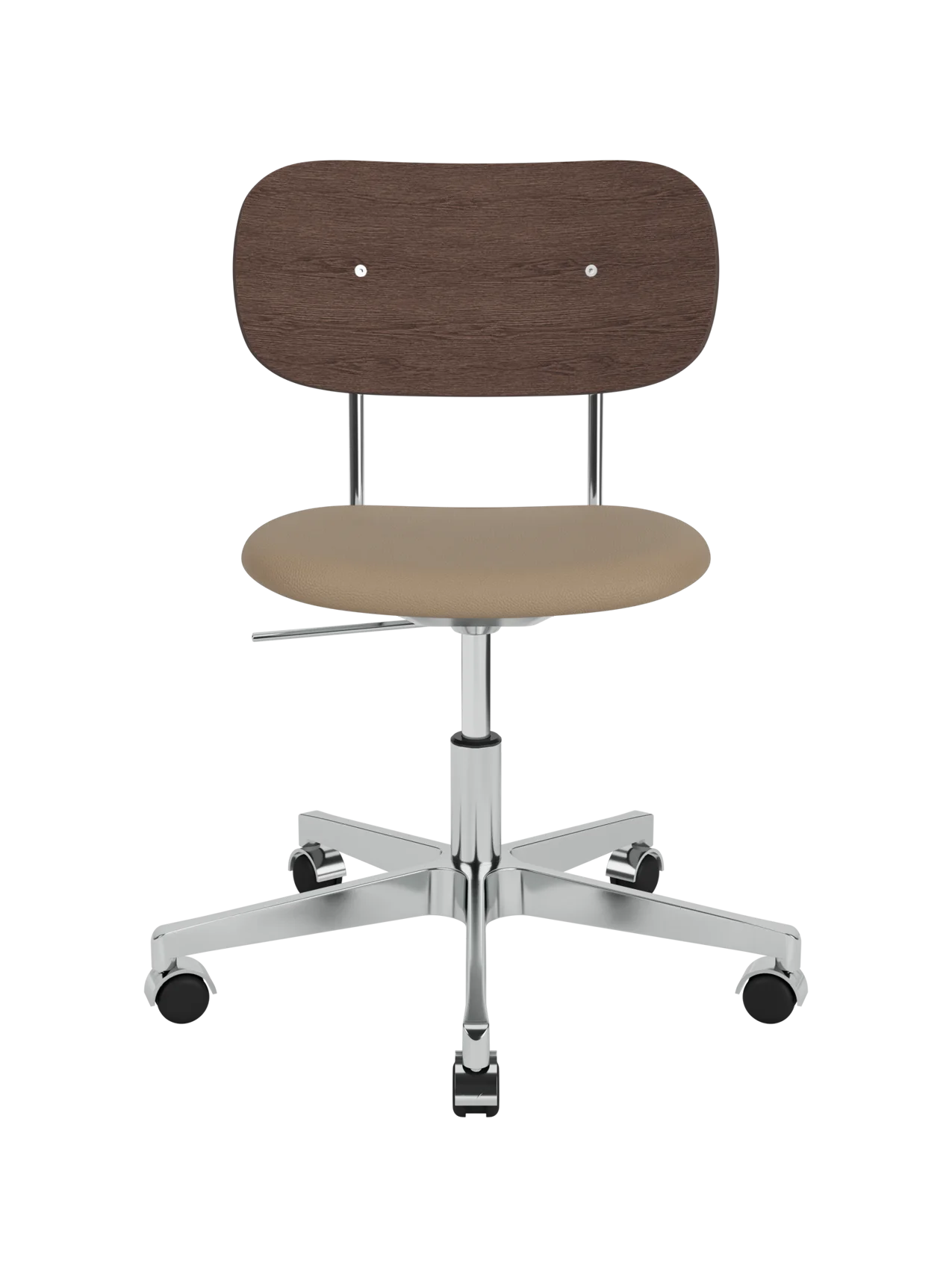 Co Task Chair featuring a tan Sierra 1611 upholstered seat, dark stained oak back and polished aluminium base.