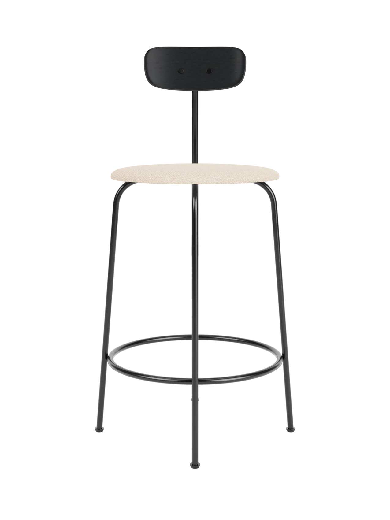 Afteroom Counter Chair featuring a black painted oak back and Logan Jasmine upholstered seat on a sleek black steel frame.
