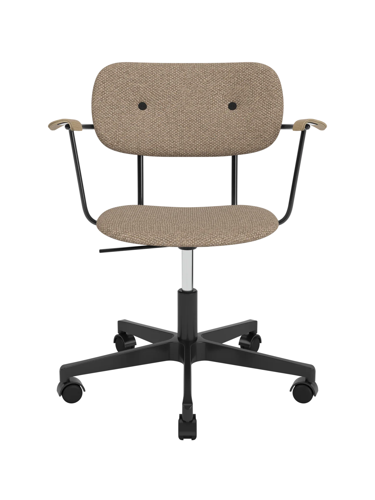 Co Task Chair featuring Logan Flint upholstery, natural oak armrests and a black five-star swivel base with casters.