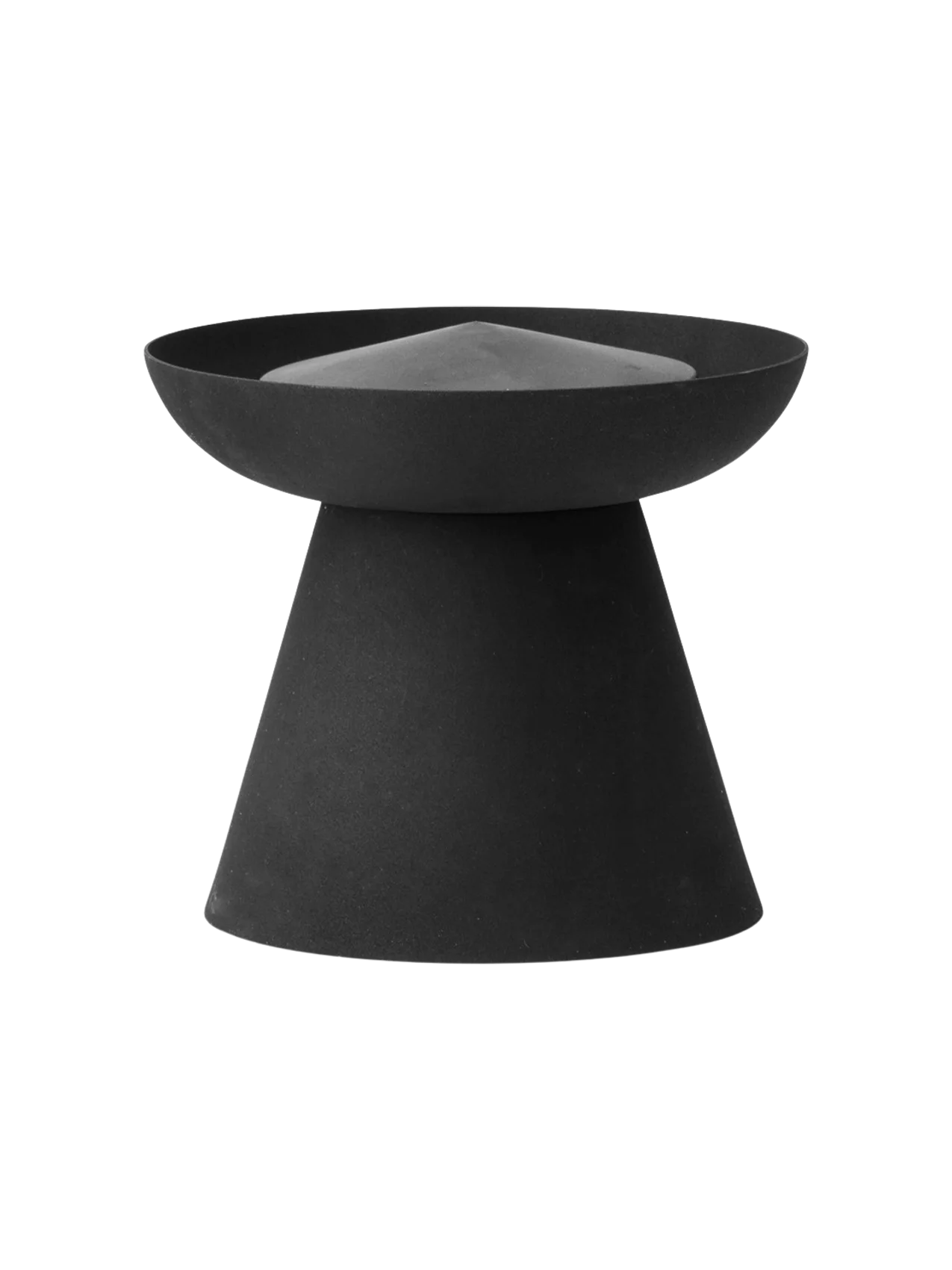 Front view of the small, black Meira Oil Lantern. The lantern has a textured finish, a conical base, and a bowl-shaped top.