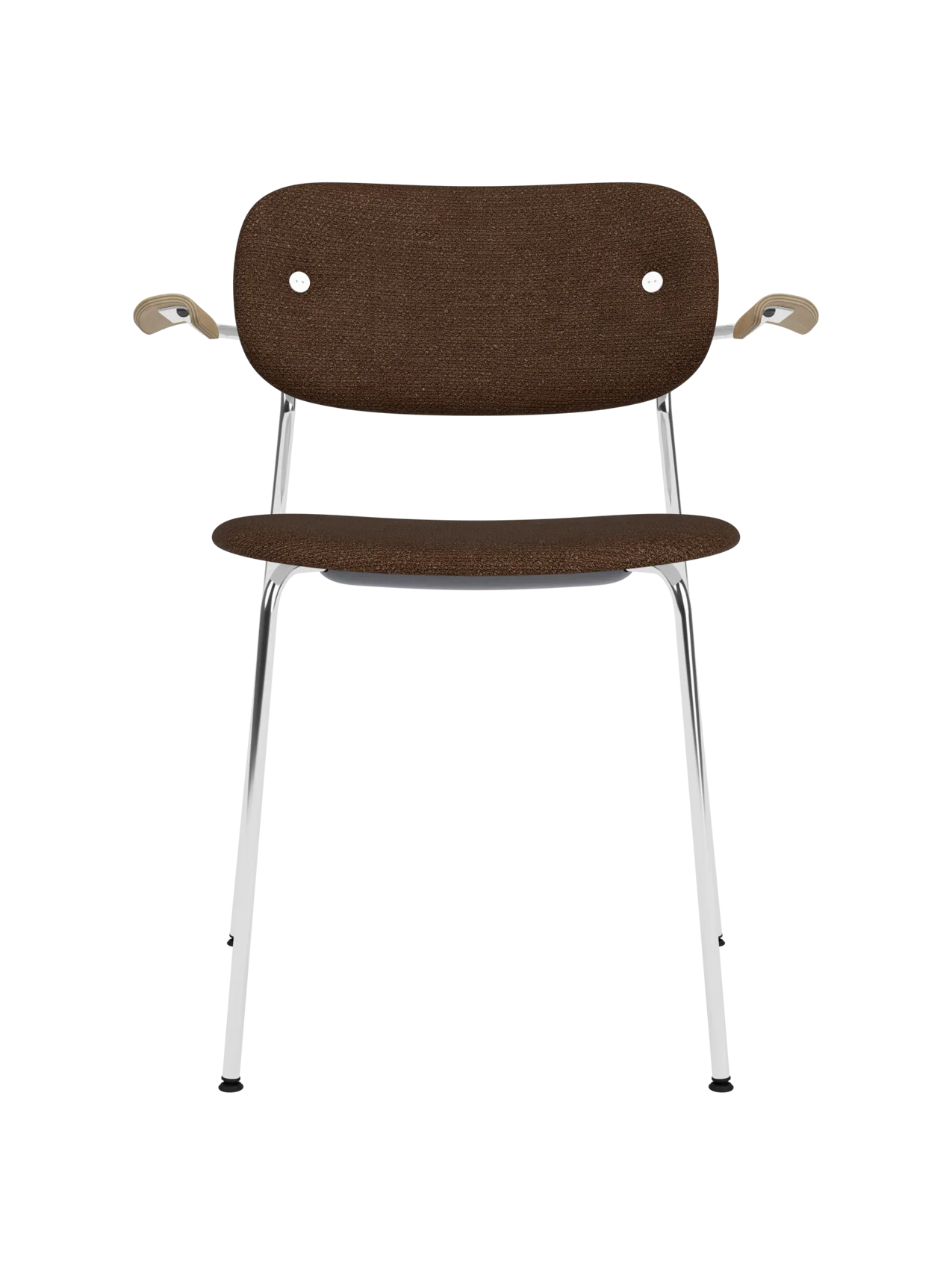 Fully upholstered Co Dining Chair in brown Audo Bouclé with natural oak armrests and a slim chrome frame.