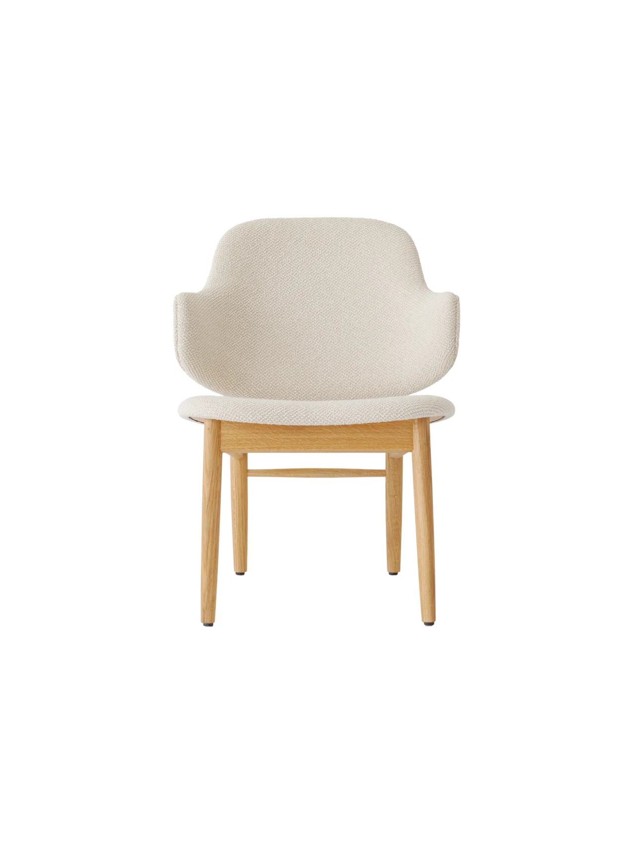 The Penguin Wooden Lounge Chair in natural oak with light beige Logan Fossil upholstery, viewed from the front.