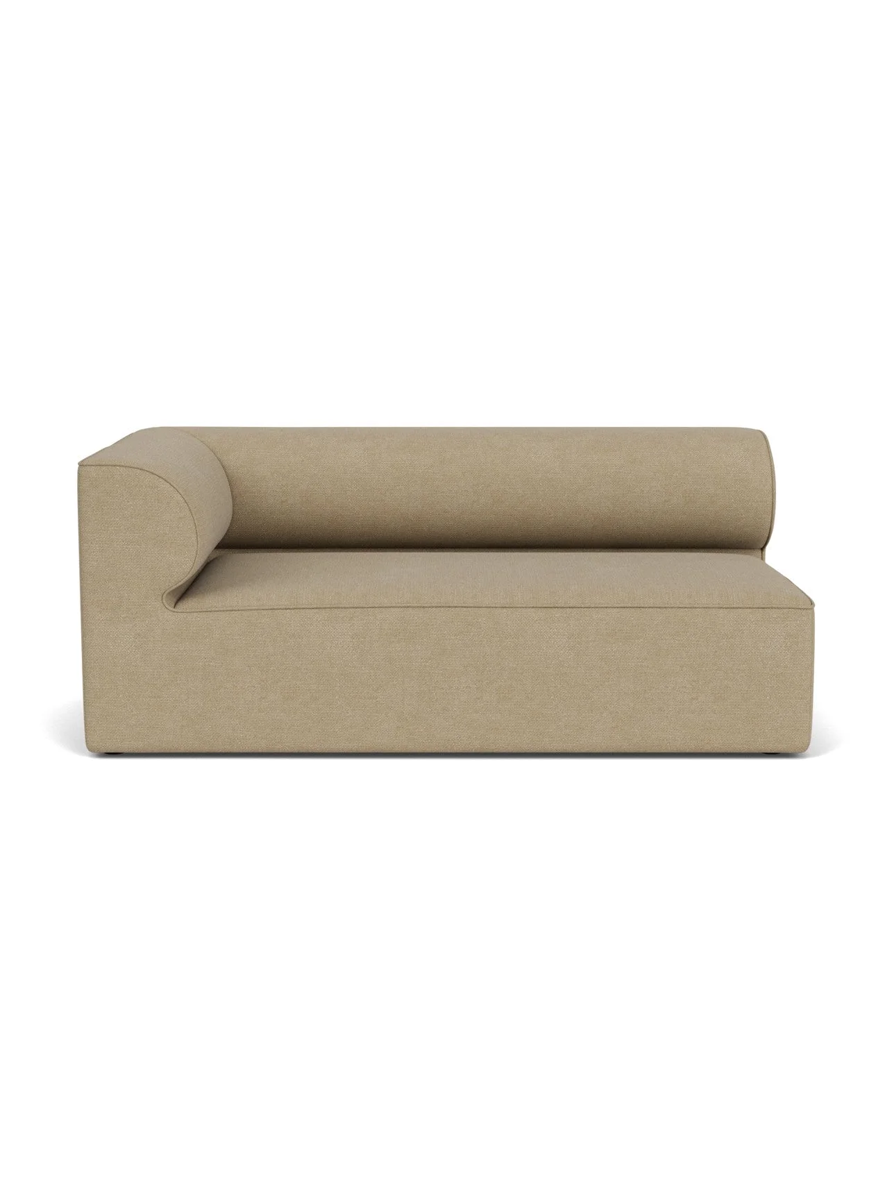 A front view of the Eave Modular Sofa, 96, Corner 192, the left corner piece, upholstered in a beige bouclé fabric.
