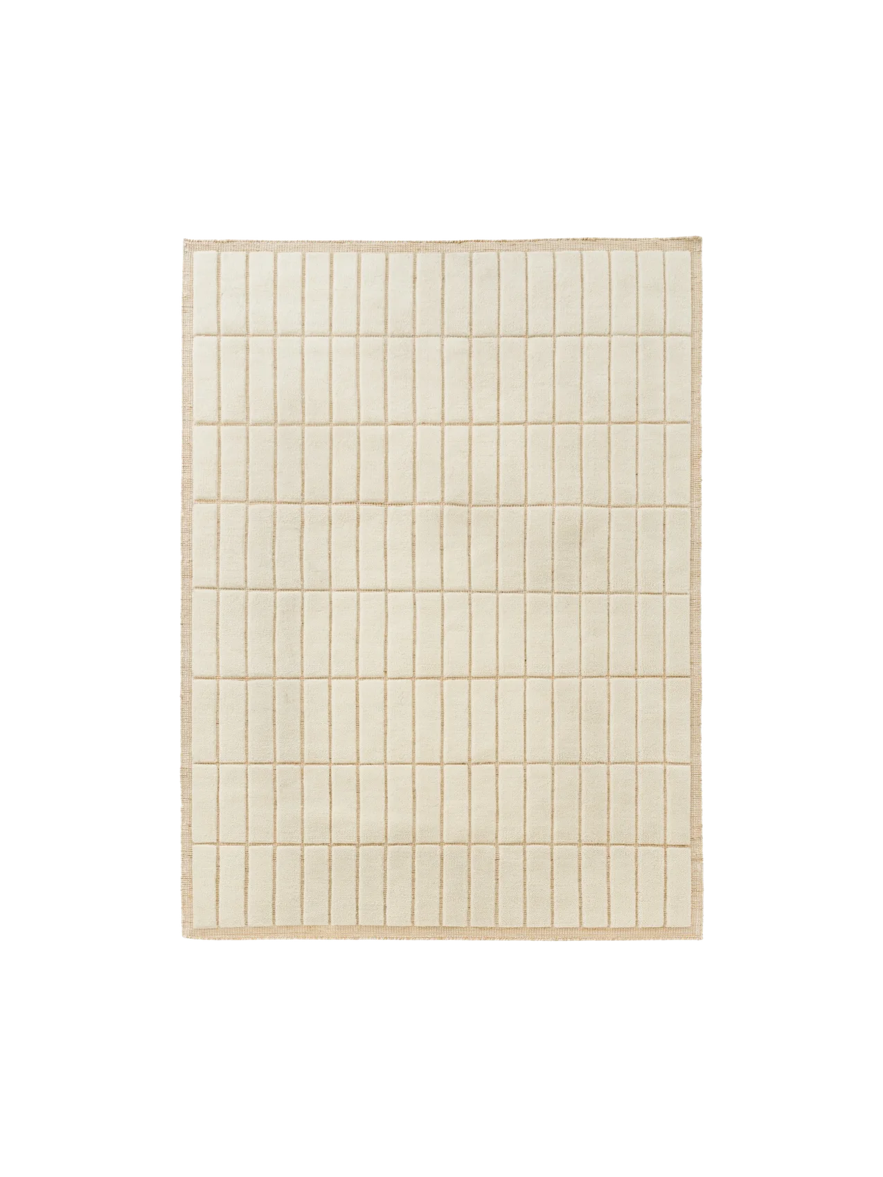 Top-down view of a square, light beige rug featuring a raised grid pattern of soft, rectangular tiles and a woven border.