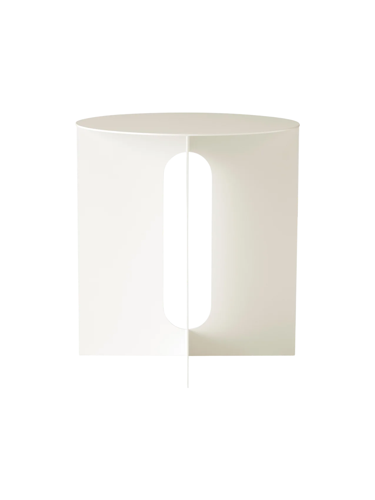 A front-on studio photograph of the ivory steel base for the Androgyne Side Table, showing its vertical pill-shaped cutout.