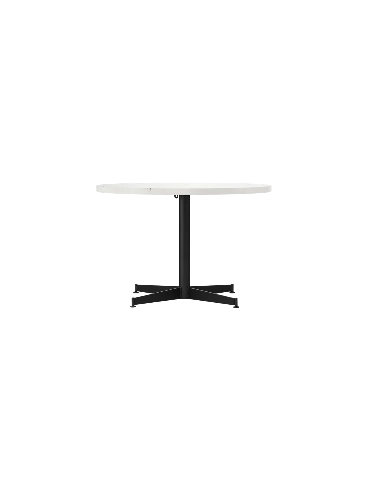 Front view of the Nook Lounge Table, featuring a white Estremoz marble top and a black powder-coated steel four-star base.
