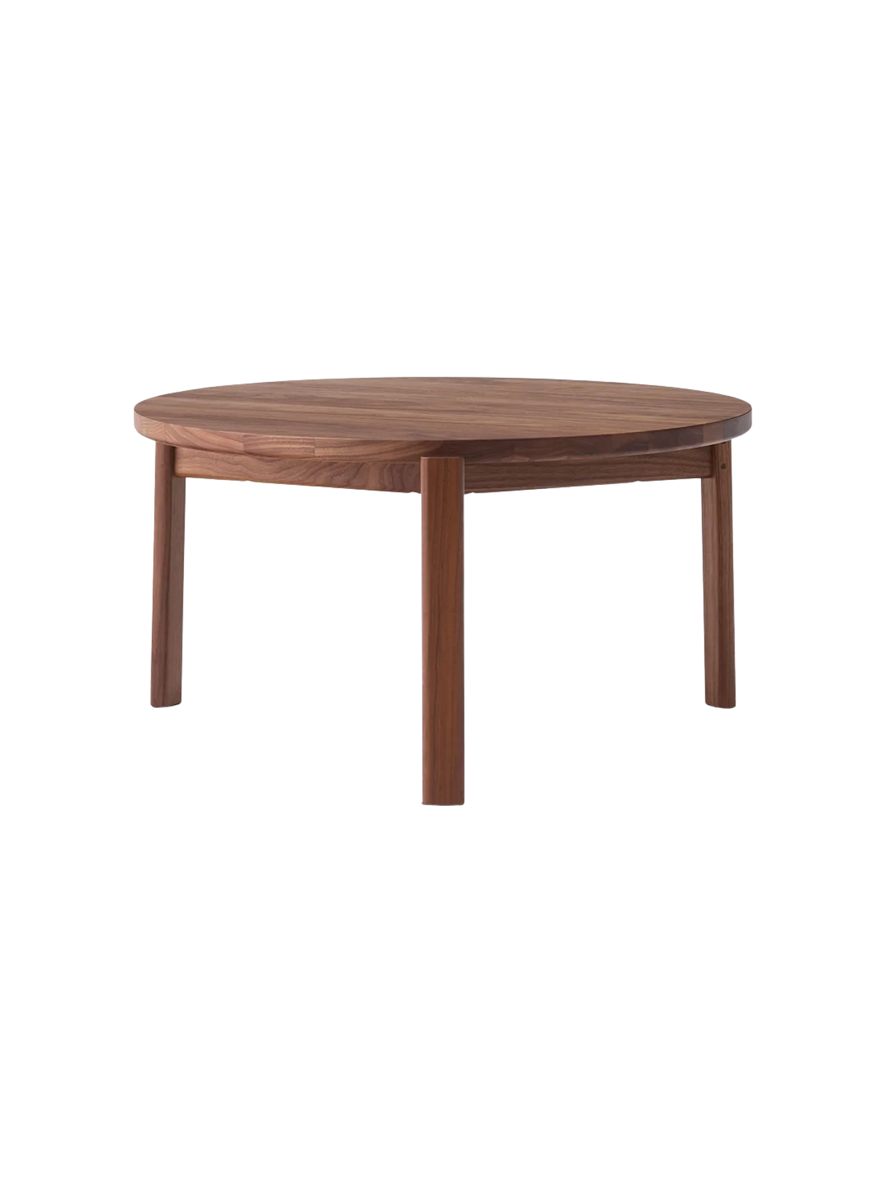 A solid walnut Passage Lounge Table with a round top and four straight legs, against a plain black background.