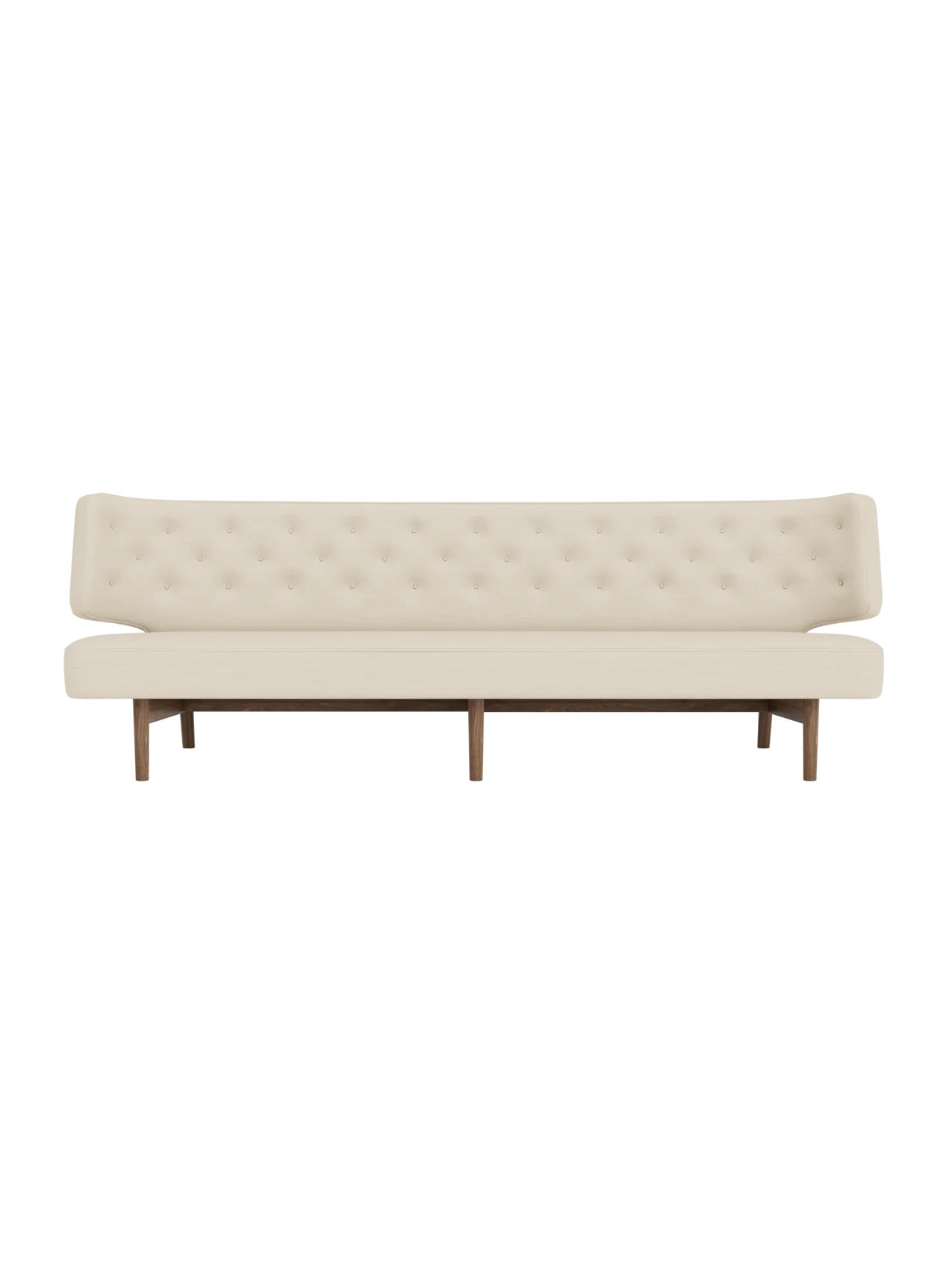 Front view of the Radiohus Sofa P3 in a cream button-tufted upholstery, with a dark walnut frame, on a black background.