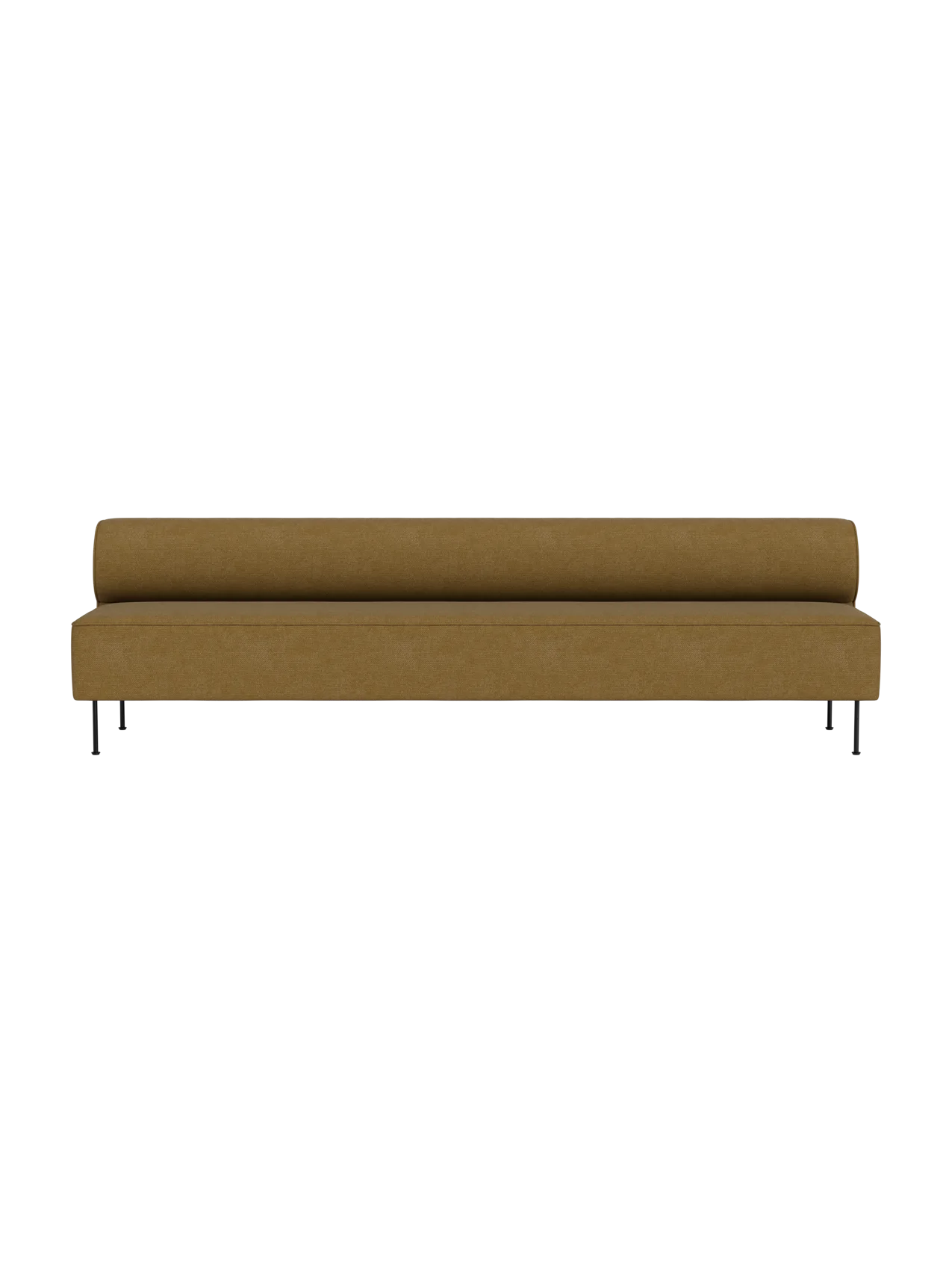 A front view of the long Eave Dining Sofa, upholstered in mustard-yellow Audo Bouclé 06 fabric, with thin black legs.