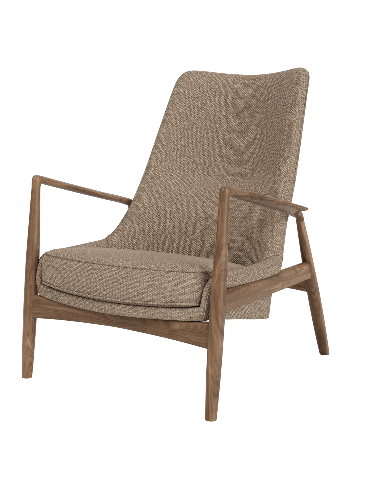 The Seal Lounge Chair, High Back featuring Logan Flint fabric upholstery and a sculpted solid walnut frame.