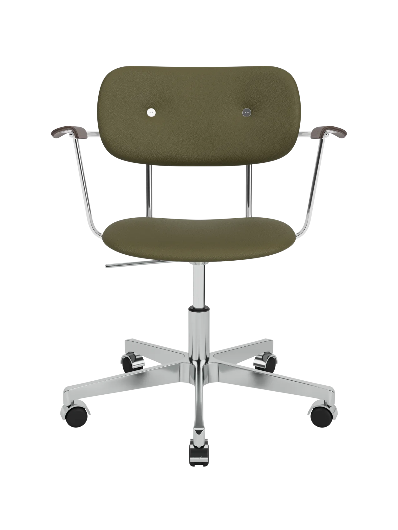 Co Task Chair in olive Sierra leather with dark stained oak armrests and a chrome five-star swivel base with casters.