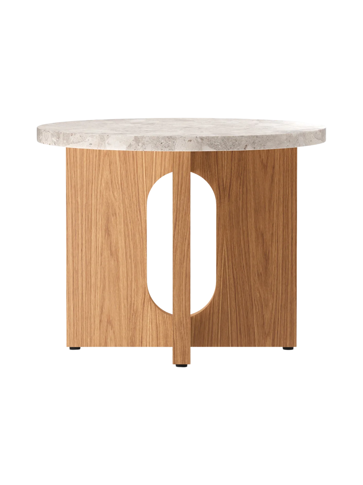 The Androgyne Side Table, Ø50, seen from the back, with a Kunis Breccia stone top and a natural oak base with an oval cutout.