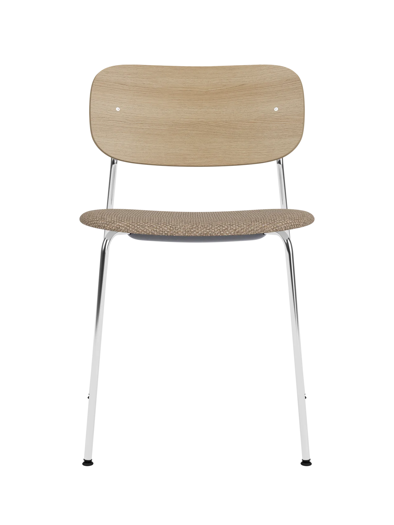 Co Dining Chair with a sleek chrome frame, natural oak veneer back and a textured Logan Flint upholstered seat.
