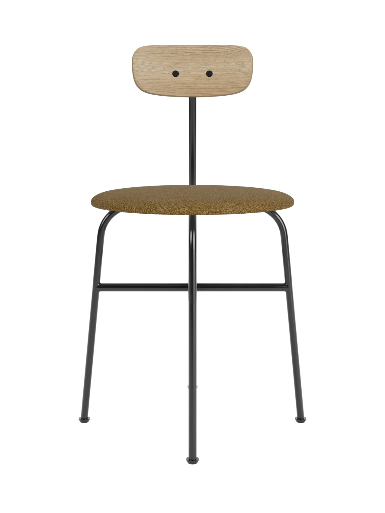 Front view of the Afteroom Dining Chair with a black frame, round brown upholstered seat, and a natural oak wood backrest.