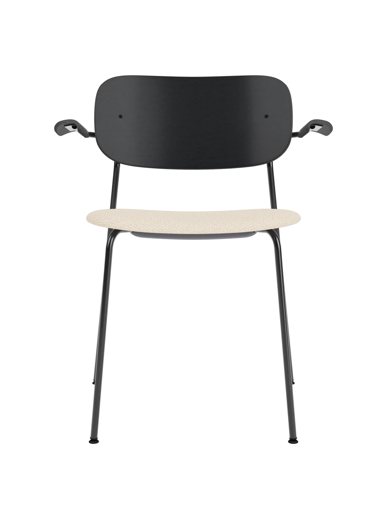 Co Dining Chair with armrests, featuring a black oak backrest and beige Logan Jasmine upholstered seat on a black frame.