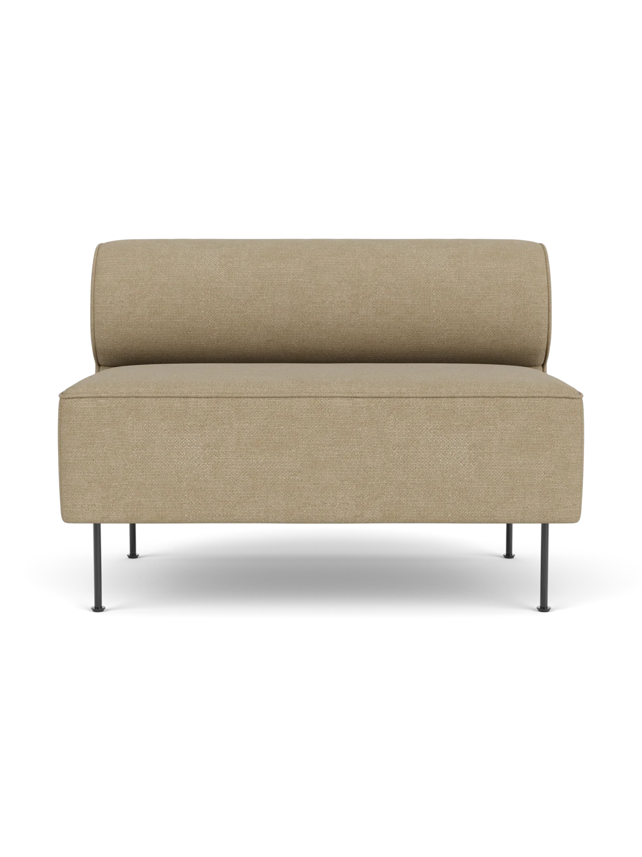 Eave Dining Sofa in Audo Bouclé 02. A minimalist sofa with a rectangular seat, round backrest, and slim black legs.